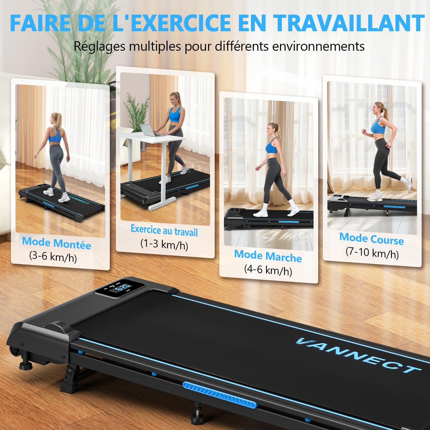 Different usage modes of the VANNECT X390AS treadmill: incline mode, exercise at work, walking mode, and running mode