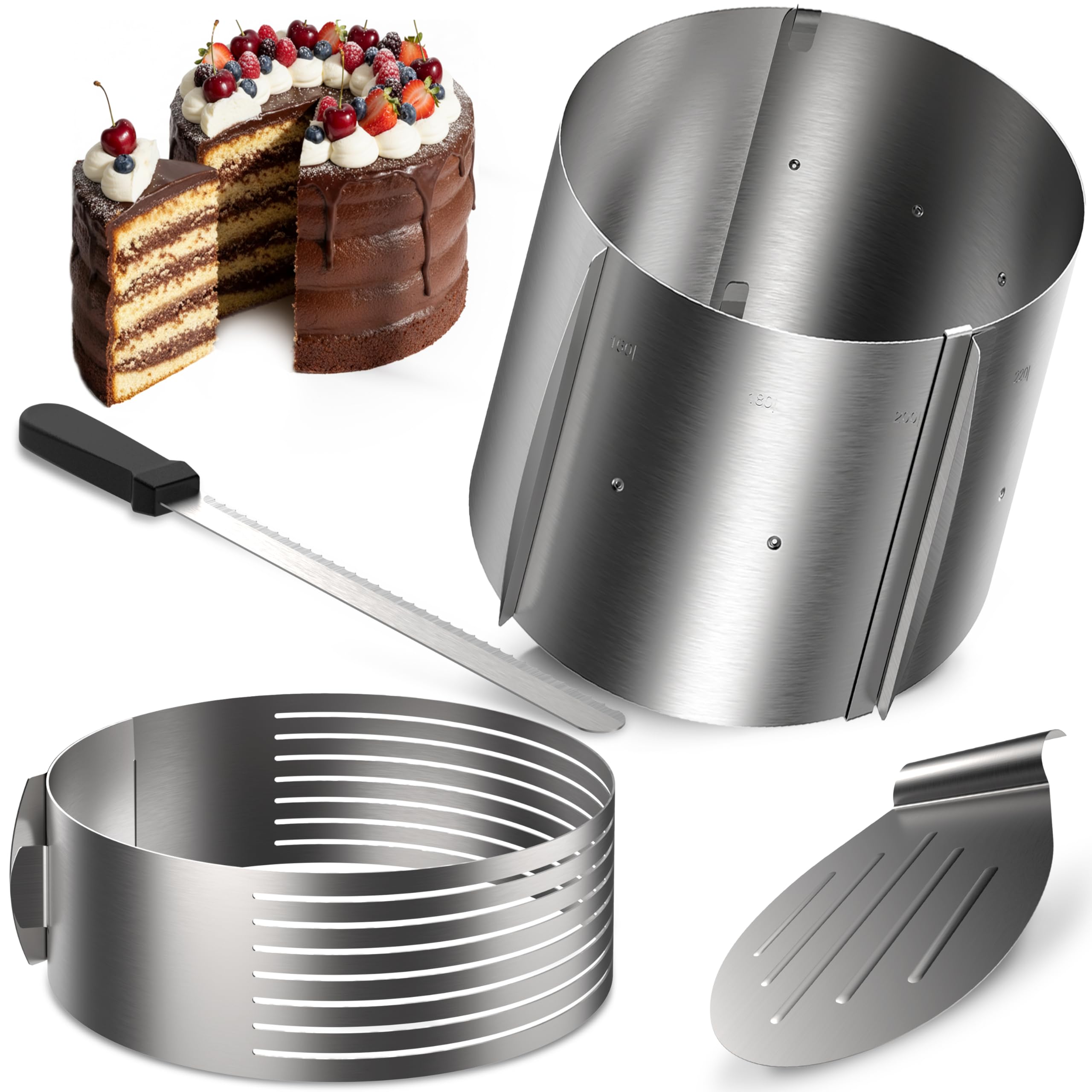 4smile Tortenzubehör - Edelstahl Torten Schneidehilfe Set, 4 Teile - Tortenring verstellbar hoch 20 cm + Tortenboden Schneidehilfe Ring Ø 26/28 cm + Konditormesser + Tortenheber
