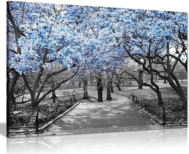 Black & White Wall Art Blue Blossoms Canvas Wall Art Picture Print Home Decor 46x31 cm (18x12in)