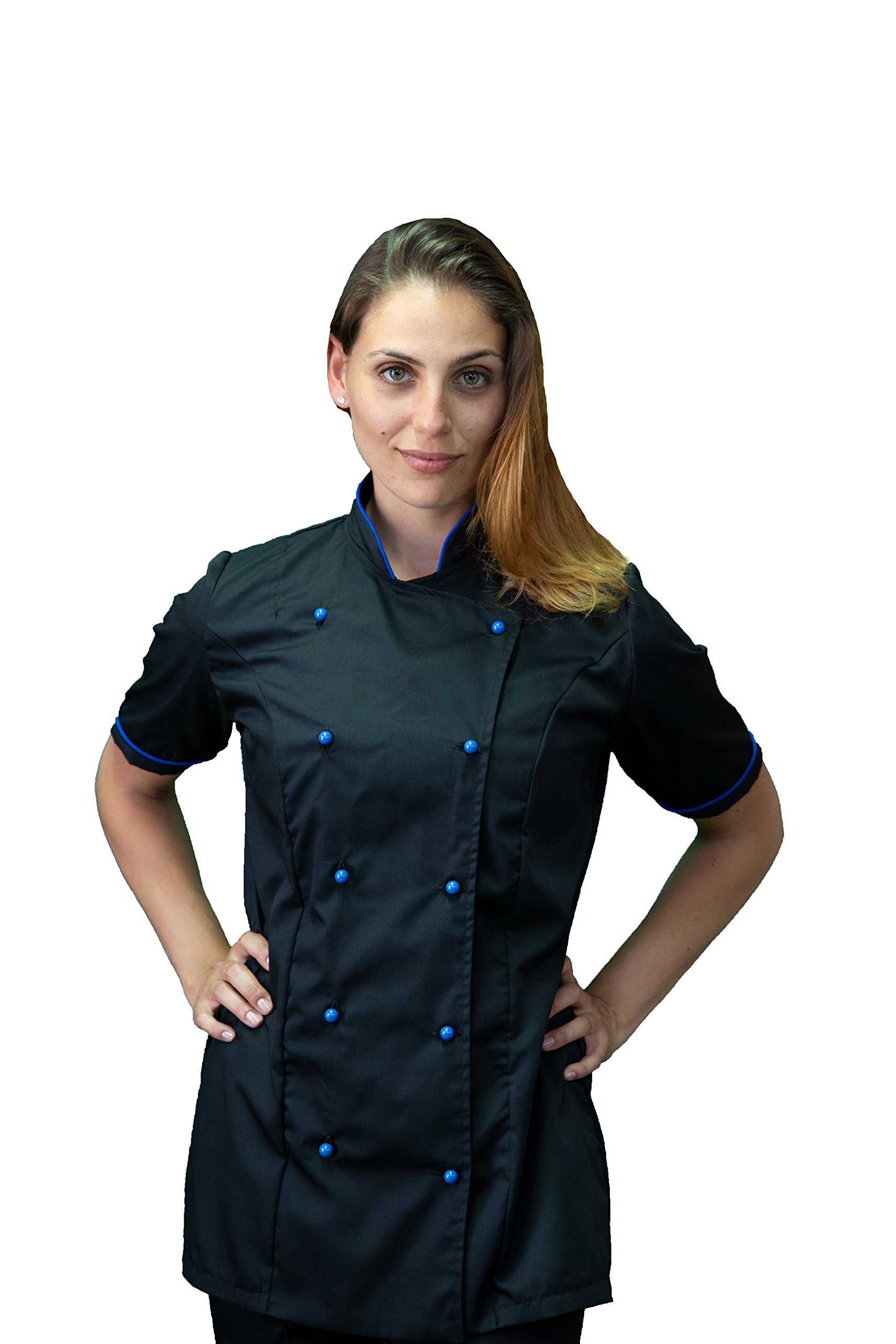 Ricamo Gratuito - Completo Cuoco da Cucina - Nero e Blu - Divisa Chef Donna Manica Corta - Pantalone, Giacca e Grembiule - Made in Italy