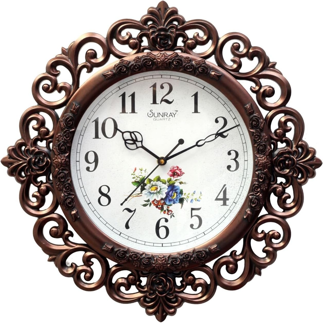 Rise N Shine Beechwood Floral Design Wall Clock (Brown_30 x 30 x 5 cm)