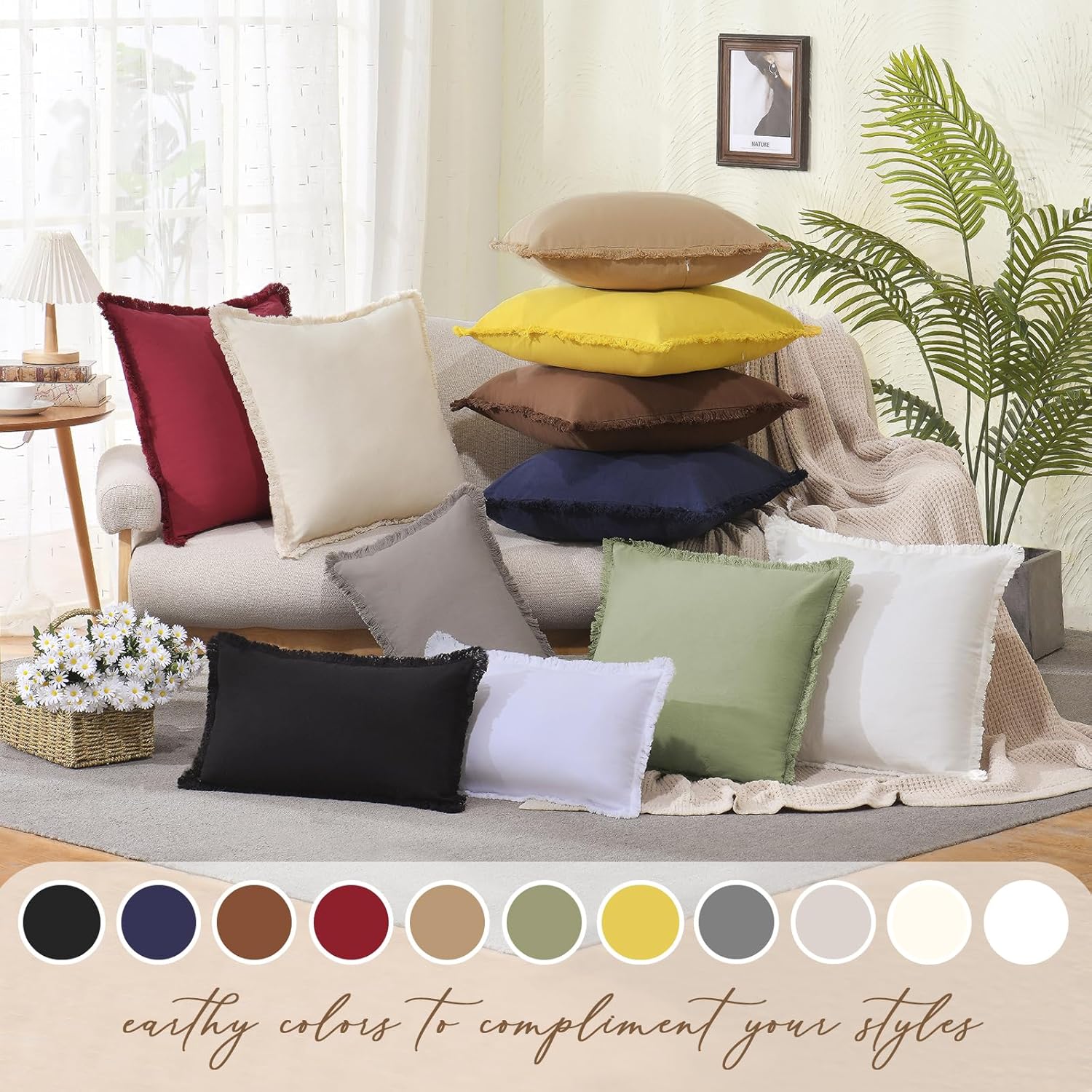 ZWJD Pillow Covers 22x22 Set of 2 Beige Throw Pillow Covers with Fringe Chic Cotton Decorative Pillows Square Cushion Covers for Sofa Couch Bed Living Room Farmhouse Boho Decor