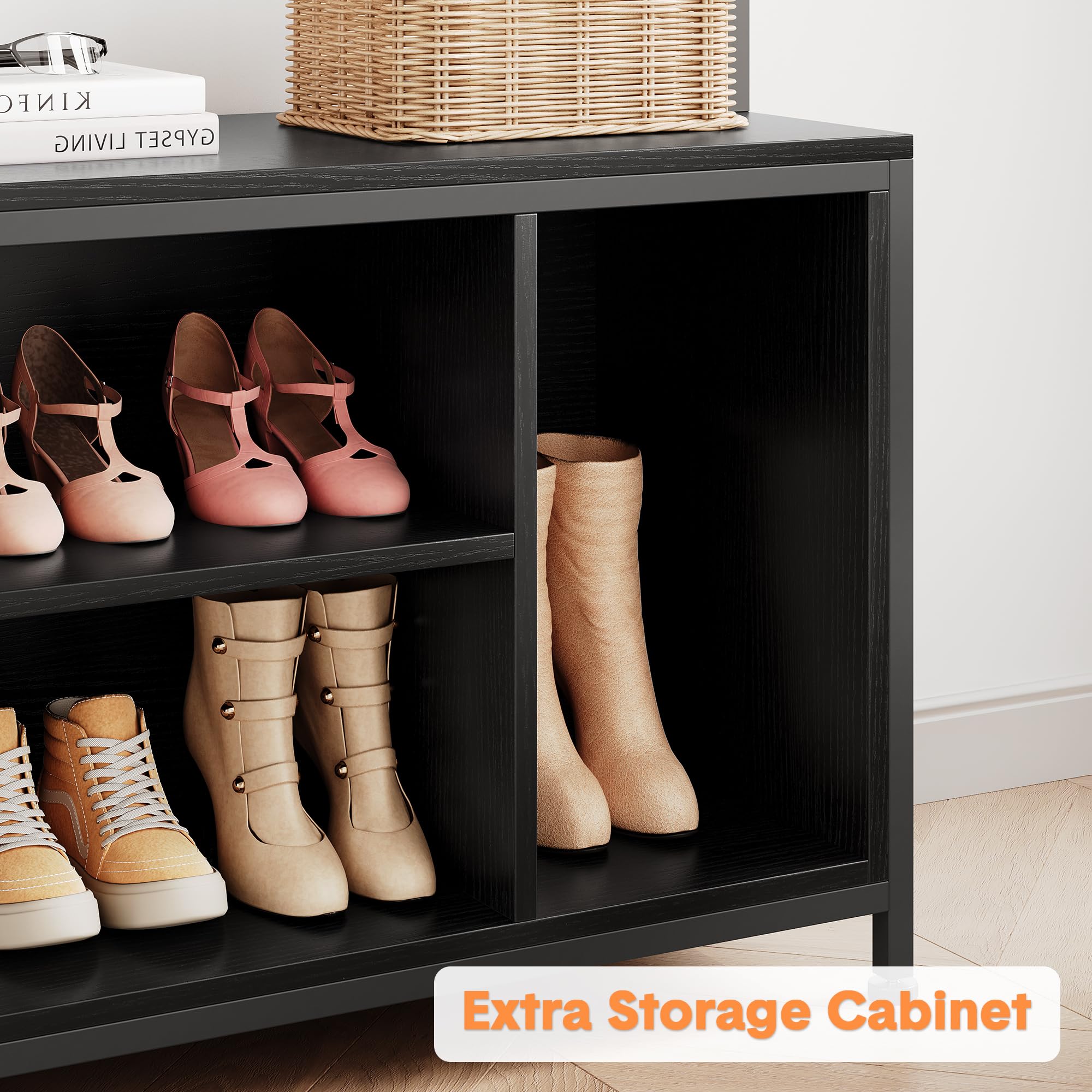 GarveeHome Perchero de recibidor 5 en 1 con banco zapatero, estantes, 17 ganchos y cajones – Organizador independiente de madera de diseño industrial – Ideal para entrada, pasillo o dormitorio – negro