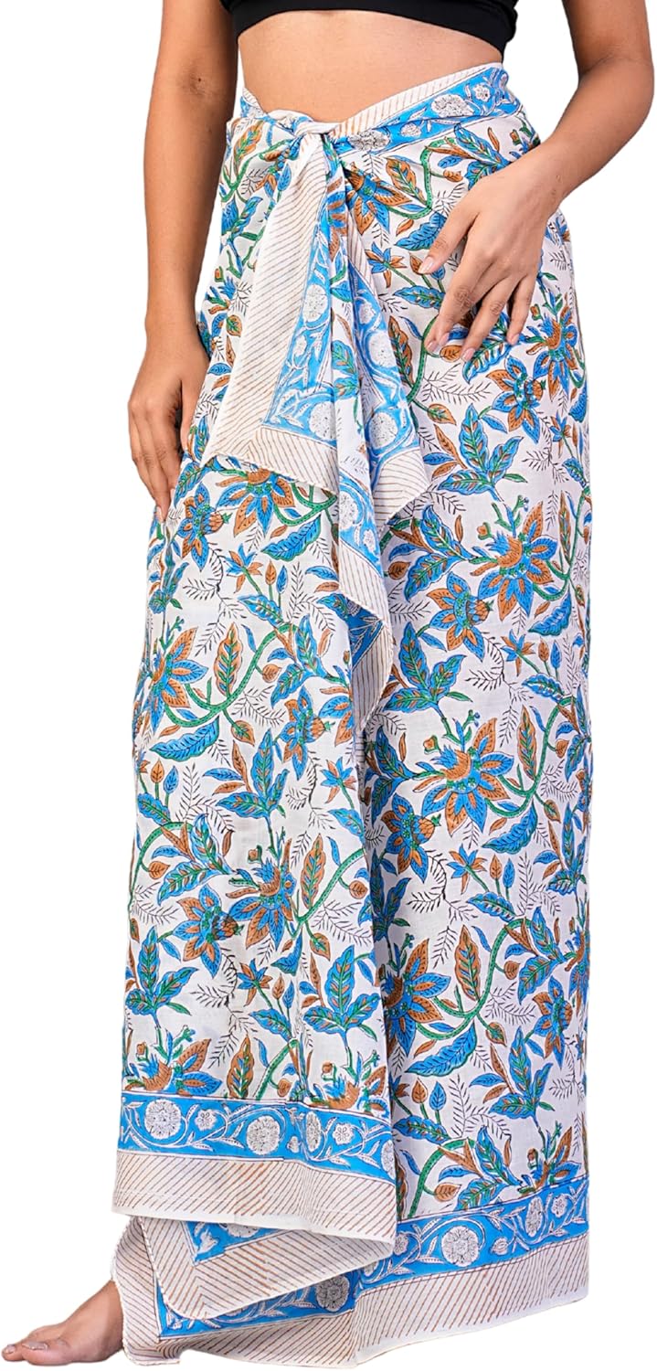Hand Block Printed Cotton Sarong Wraps for Women – Lightweight Beach Swimsuit Cover Up, One Size Pareo (73 x 44 In)