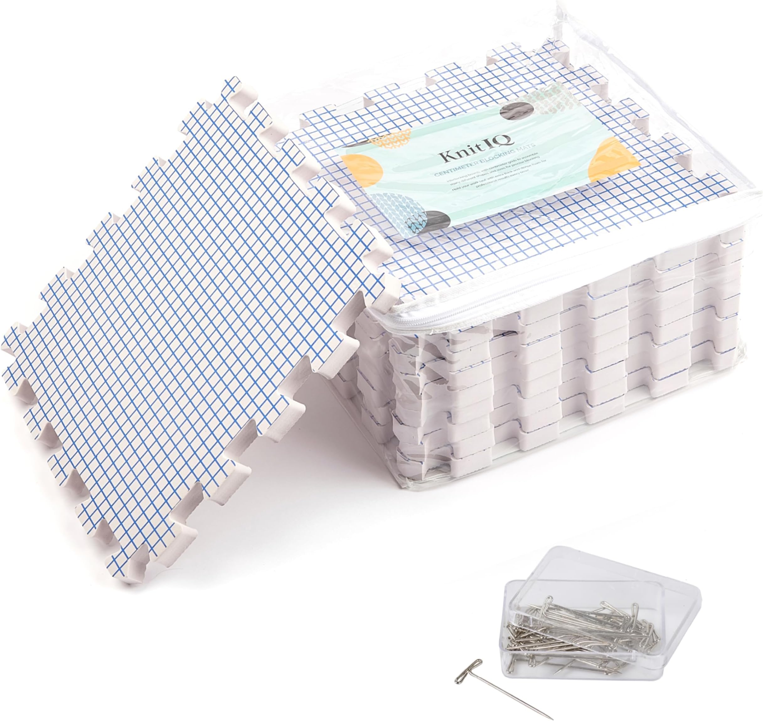 KnitIQ Centimeter Knitting Block Mat - 9 Extra Thick Block Mats with Grids Measure in CM, 100 T-Pins and Storage Bag for Knitting or Crochet