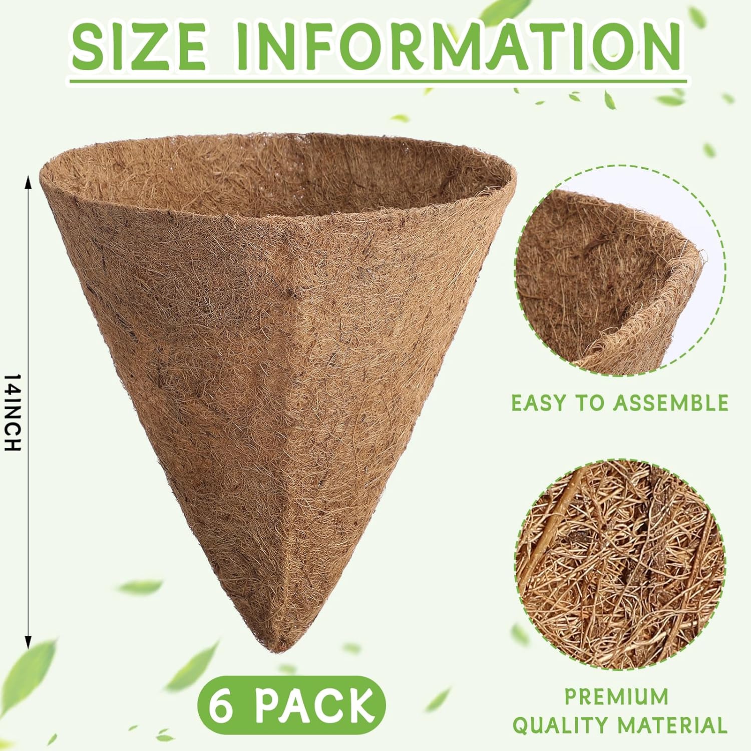 BreezeHug 6 Pieces Cone Shaped Coco Liner 12 Inch Coco Moss Liner Coconut Planter Basket Liners for 12" Hanging Cone, Basket, Garden, Plant, Brown