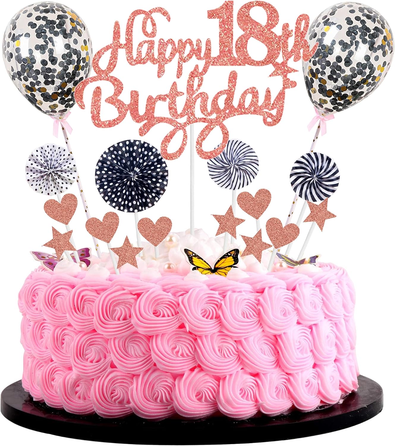 Happy 18th Birthday Cake Decoration 18 Years Girl Cake Decoration 18th Birthday Girl Pink Black Cake Decoration 18th Birthday Girl Cake Decoration Rose Gold Black with Heart Star Balloon Glitter Cake