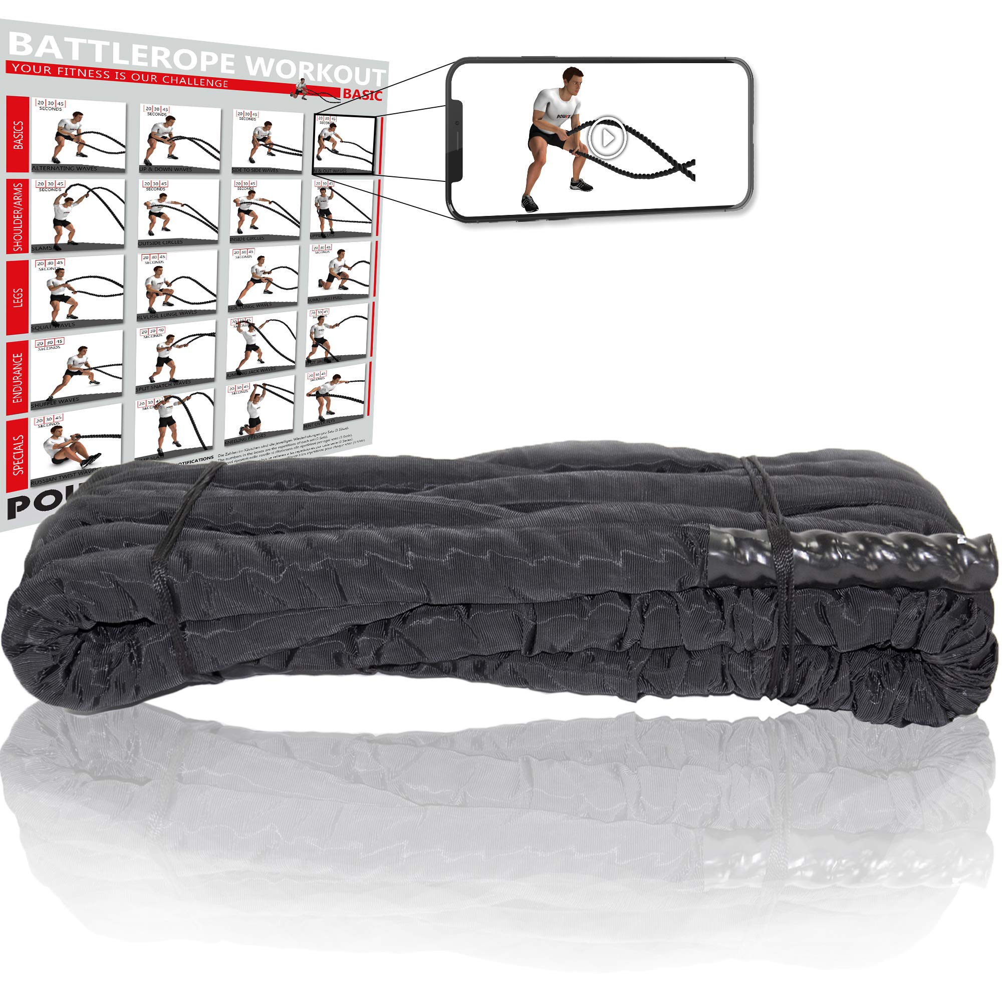 POWRX Corde d’entraînement avec housse - 38 ou 50 mm de diamètre - Pour fitness et musculation - Différentes longueurs, 38 mm, 15 m