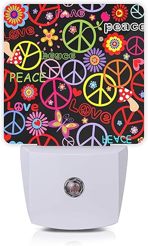 Hippie Peace Flowers - Luz nocturna enchufable con sensor de atardecer a amanecer para dormitorio, baño y sala de estar, lámpara apta para dormir de