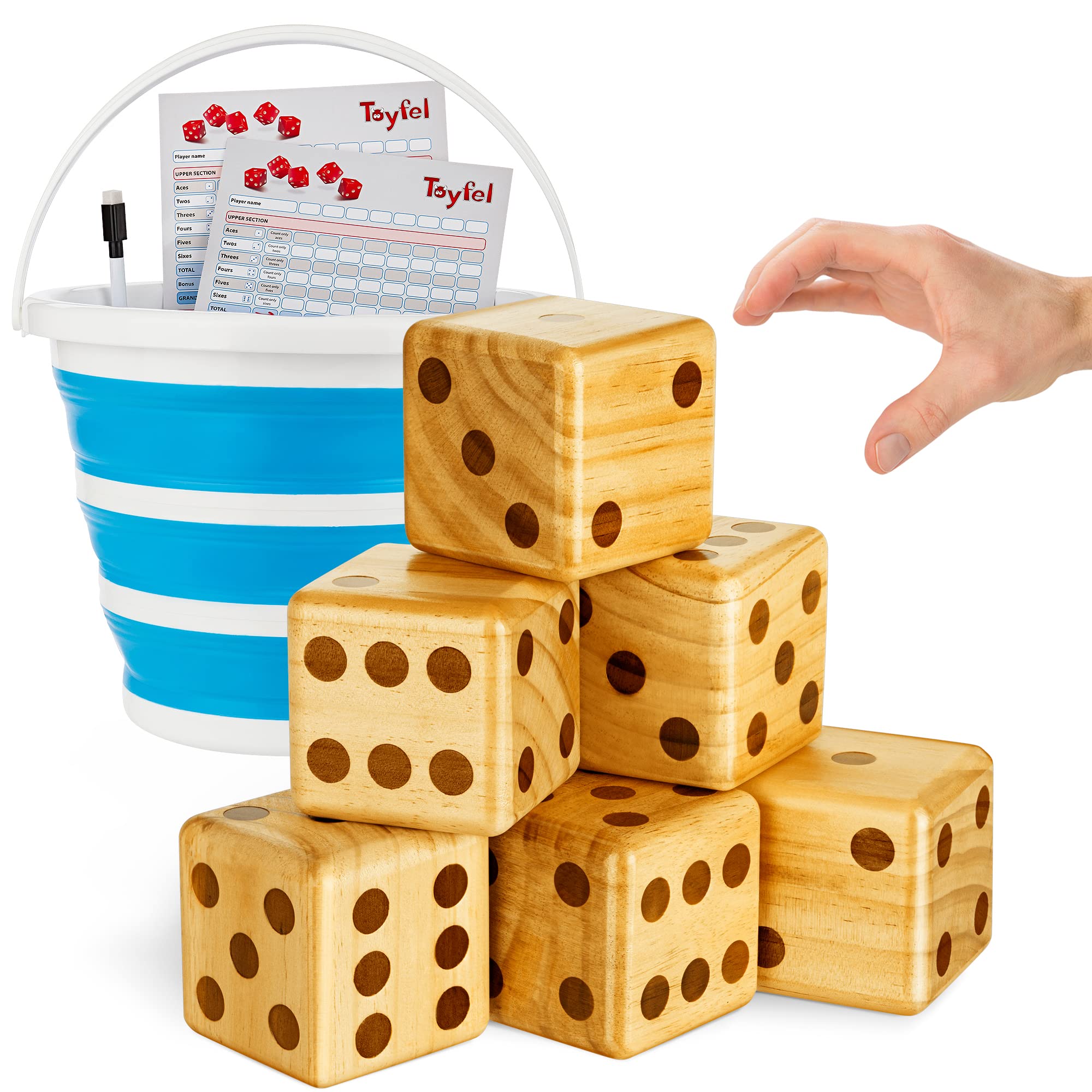 Toyfel XXL Juego de Dados Madera de Pino FSC® Interior y Exterior | 6 Enormes 9cm Cubo Plegable Tablero Limpiable y Pluma para Niños y Adultos gigantes pizarra gigantes mesa familiar Chuck