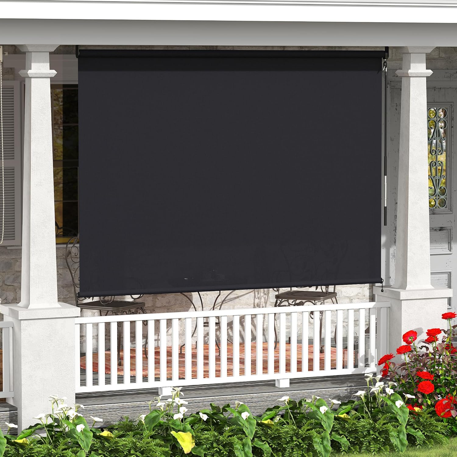 VICLLAX Cordless Outdoor Roller Shade with Splicing Design 9'×8', Exterior Roll Up Shade Blind for Porch, Patio, Yard, Graphite