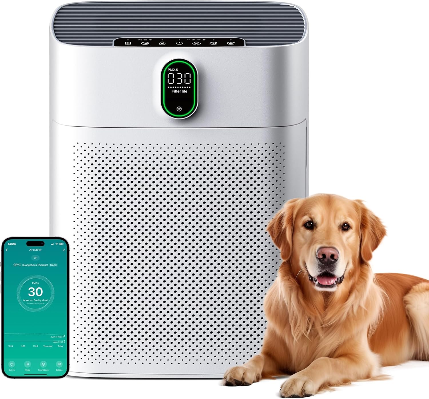 MERONTE Luftreiniger für Zuhause & Raucherräume, Allergikerfreundlich, HEPA Filter Gegen Staub Pollen, CADR 300 m³/h für 100 m², 24 dB Leise, Timer, Luftqualitäts-Feedback & Automodus, 1 Pack + 3 Modi