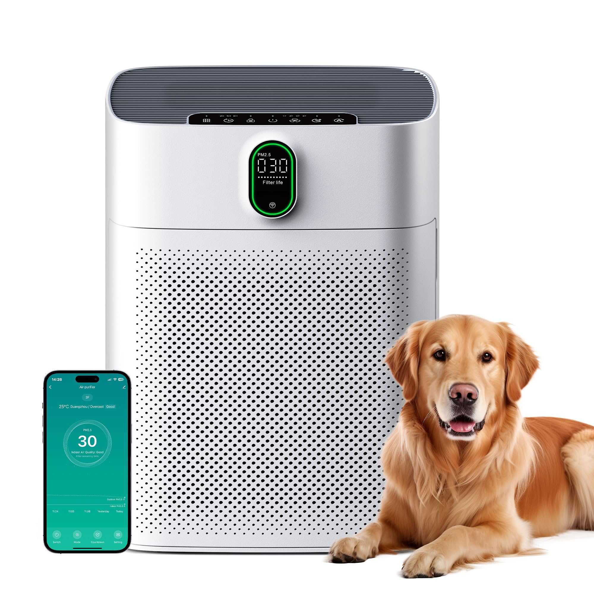 MERONTE Purificatore d'aria per ambienti fumatori, anallergico, filtro HEPA contro polline polvere, CADR 300 m³/h per 100 m², 24 dB Silenzioso, timer, feedback di qualità dell'aria e modalità auto