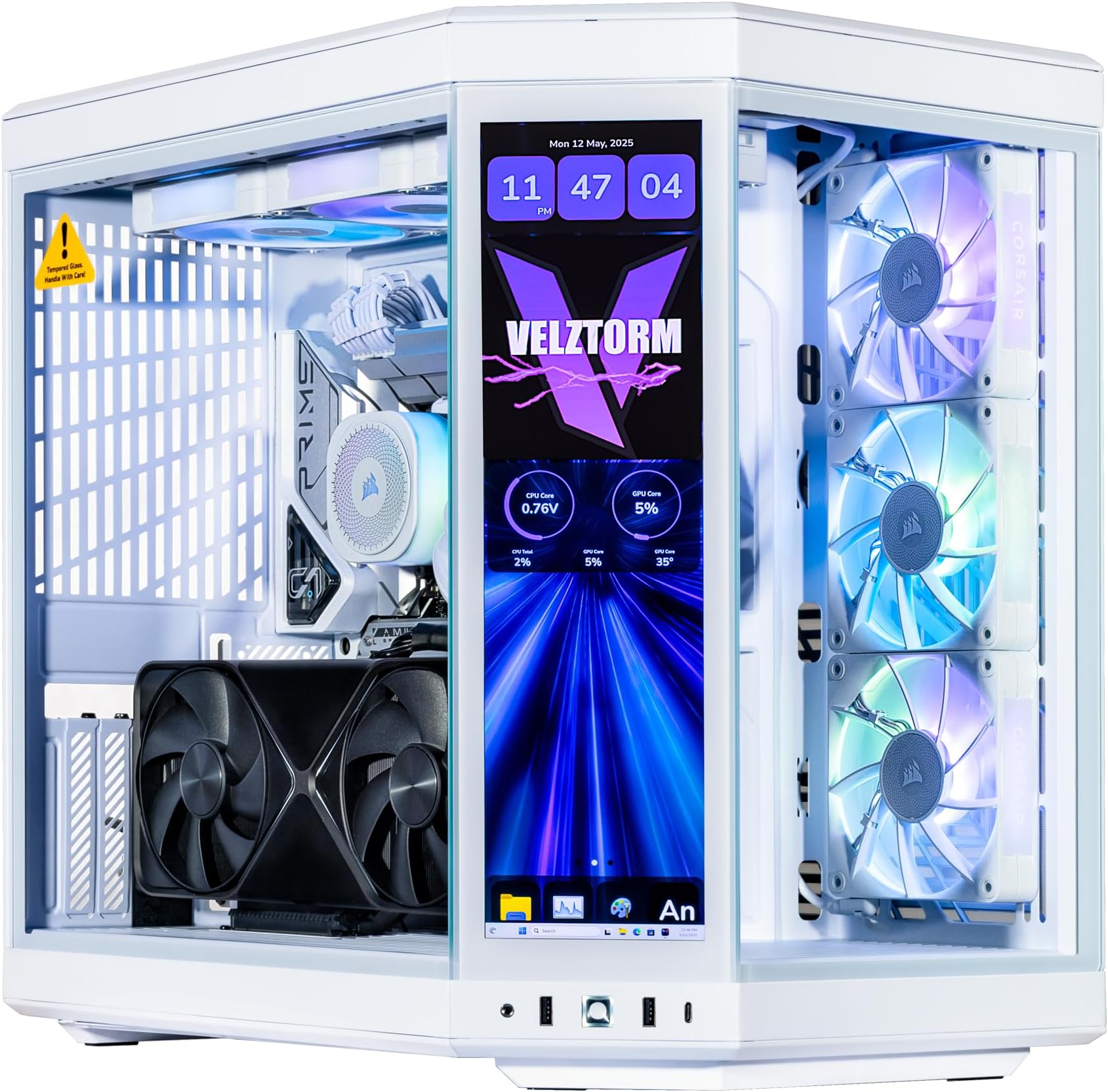 Velztorm LCD White Praetix Custom Built Y70 Touch Gaming Desktop PC (GeForce RTX 5090 32GB (>4090), Liquid Cooled Intel i9-14900K, 32GB DDR5, 2TB PCIe SSD, 1000W PSU, WiFi 6, Win11Home)