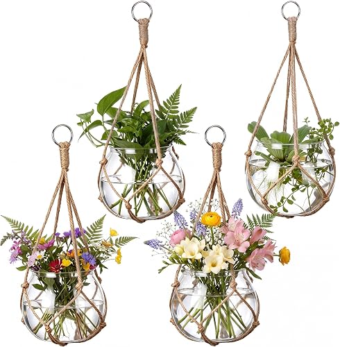 4 Set Hanging Planter Terrarium, Plastic Propagation Stations Flower Vase Hydroponic Hanging Vase Clear Jar Plants Lover Gifts for Home House Warming Window Kitchen Office Decoration