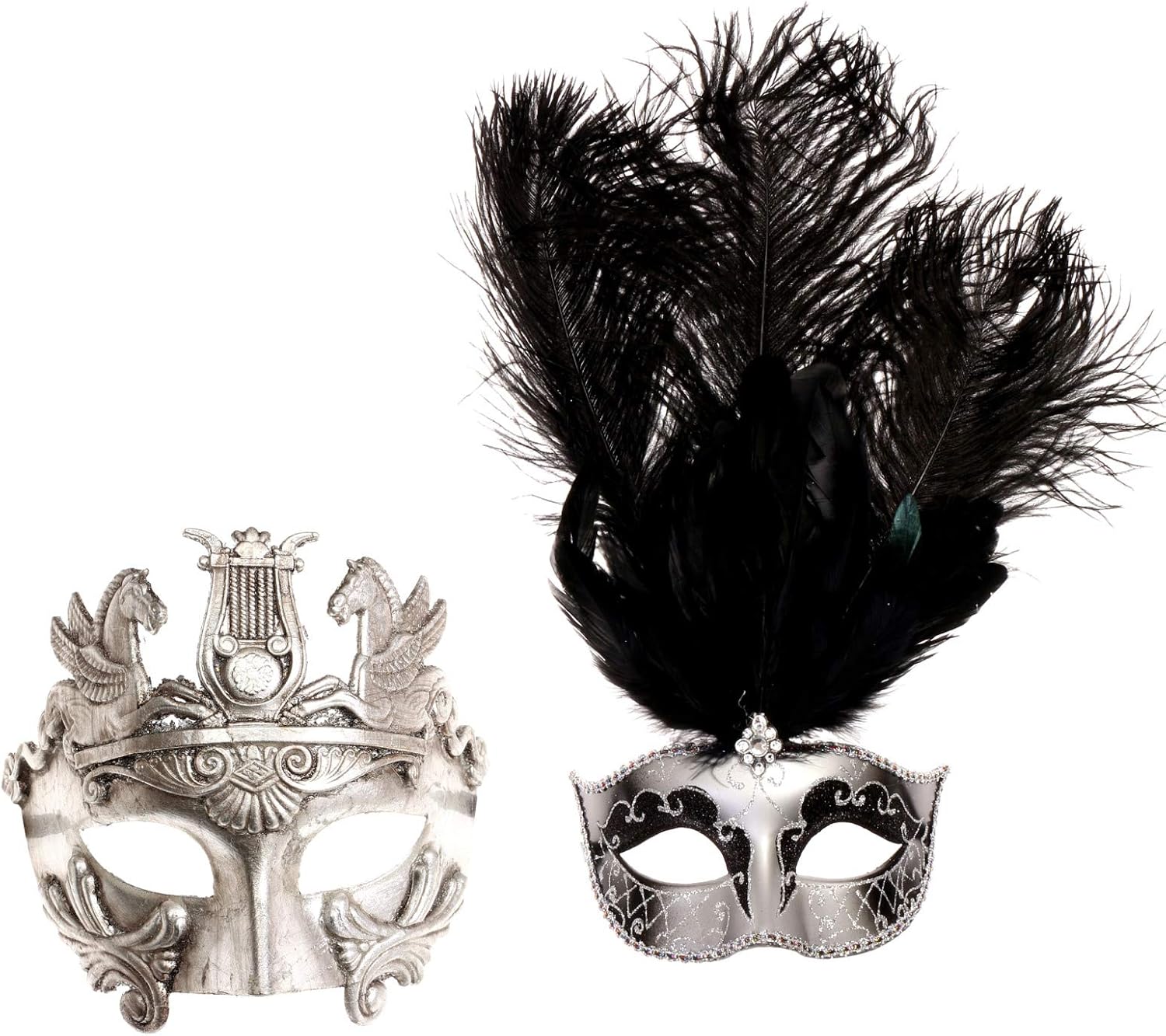 Greek Emperor Silver & Greek Feather Masquerade Couple Masks
