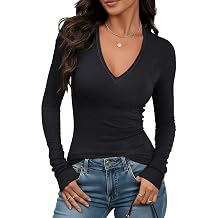 Prettywear Sexy Deep V Neck Ribbed Fall Long Sleeve Shirts for Women | Soft 4-Way Stretch Ribbed Knit Basic Fitted Top, Versatile Layering Piece for Daily Casual, Office & Weekend Going Out