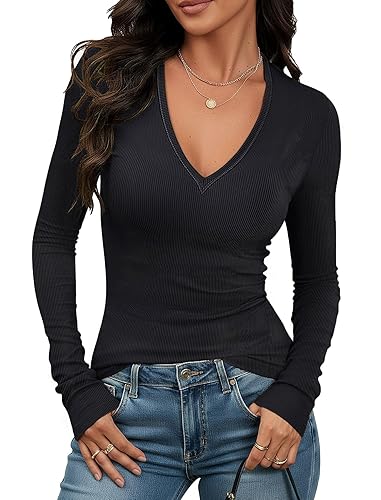 Prettywear Sexy Deep V Neck Long Sleeve Shirts for Women