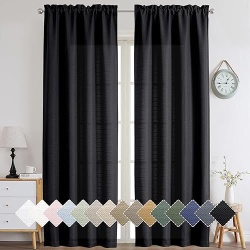 Miniatura 2 de Chyhomenyc - Juego 2 cortinas negras, lino sintético, texturizadas, semitraslúcidas, suaves, filtran luz, privacidad, rústicas, sala estar,