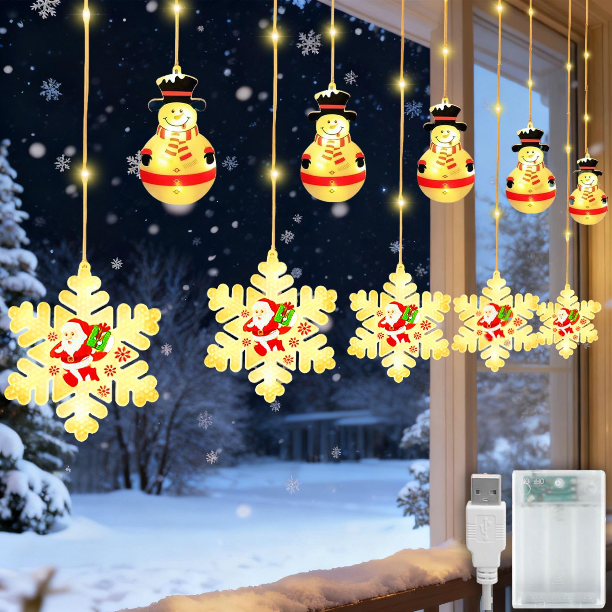 Yoawllty Christmas Decorations for Home,Snow Man and Snowflake Christmas Lights Battery Operated and USB,Warm White Indoor Outdoor Christmas Lights