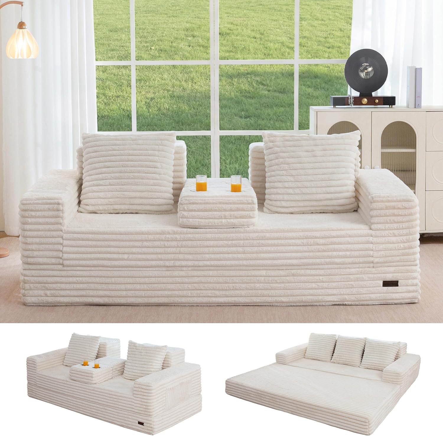 MAXYOYO Loveseat Sofa Bed, Striped Faux Fur Foldable Floor Sofa Couch in A Box, 4 in 1 Convertible Boneless Couch with 2 Cup Holders, Folding Recliner Sleeper Chair, No Assembly Required, Creamy