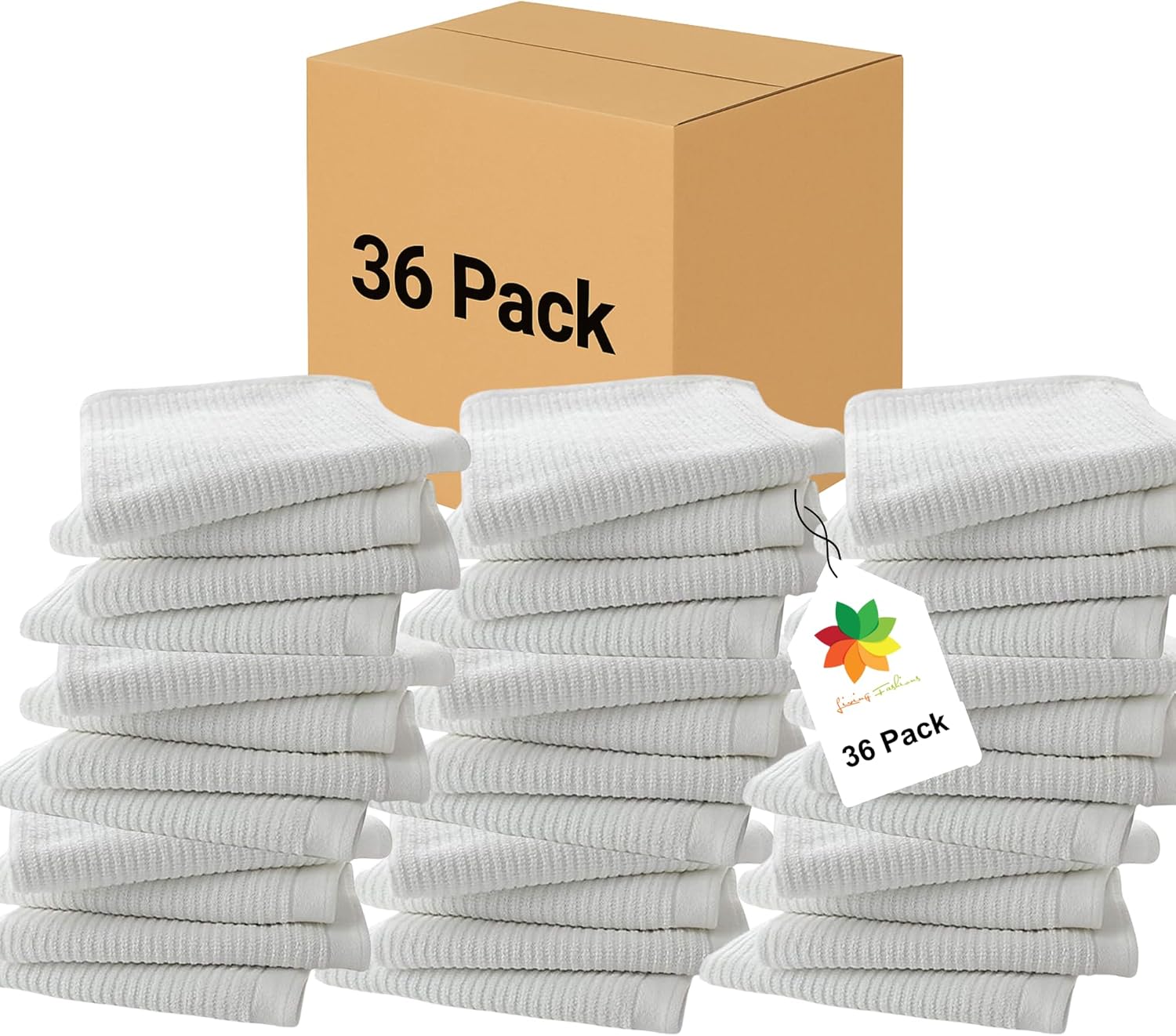 Living Fashions Bar Towels - Bar Mop Cleaning Kitchen Towels (36 Pack, 16" x 19”) - Premium Ring-Spun Cotton White, Restaurant and Shop Cleaning Rags