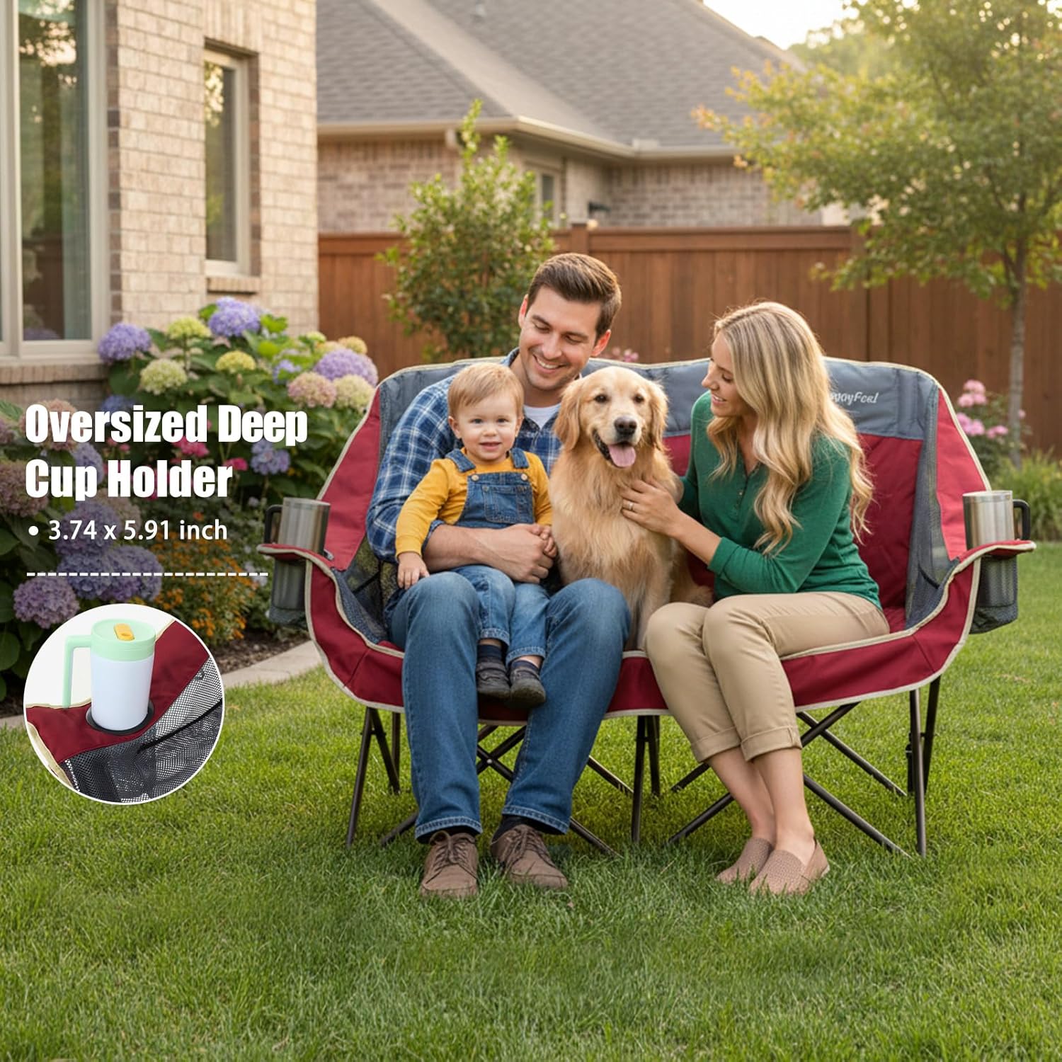 SUNNYFEEL Double Camping Chairs Padded Loveseat Chair for 2 Person Heavy Duty Oversized Camping Couch 600lbs for Adults Portable Outdoor Lawn Chair with Cup Holder for Outdoor Patio RV Camping Red
