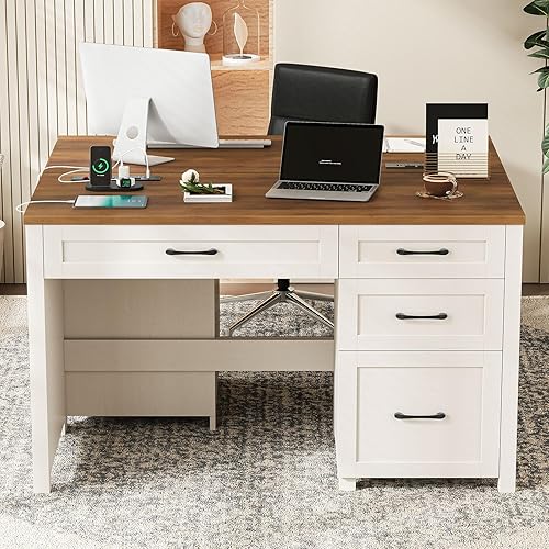 Miniatura 7 de Vabches Escritorio ejecutivo Farmhouse de 47 pulgadas, escritorio para computadora con cajón de archivos y estación de carga, estación de trabajo