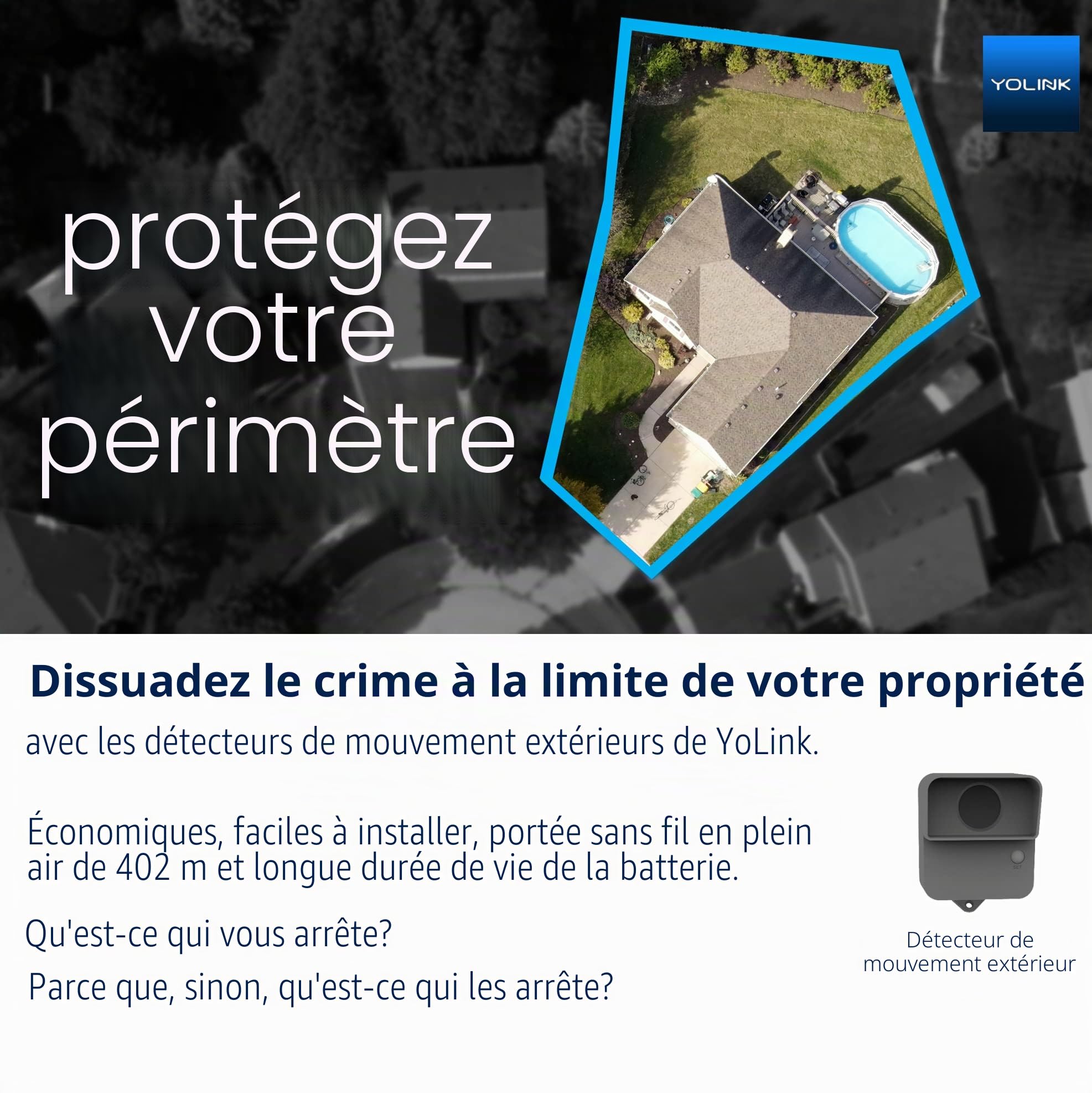 YoLink Détecteur de mouvement extérieur intelligent, alarme d'intrusion, alerte d'allée, capteur de mouvement sans fil alimenté par LoRa, application pour surveillance à distance et alertes, hub