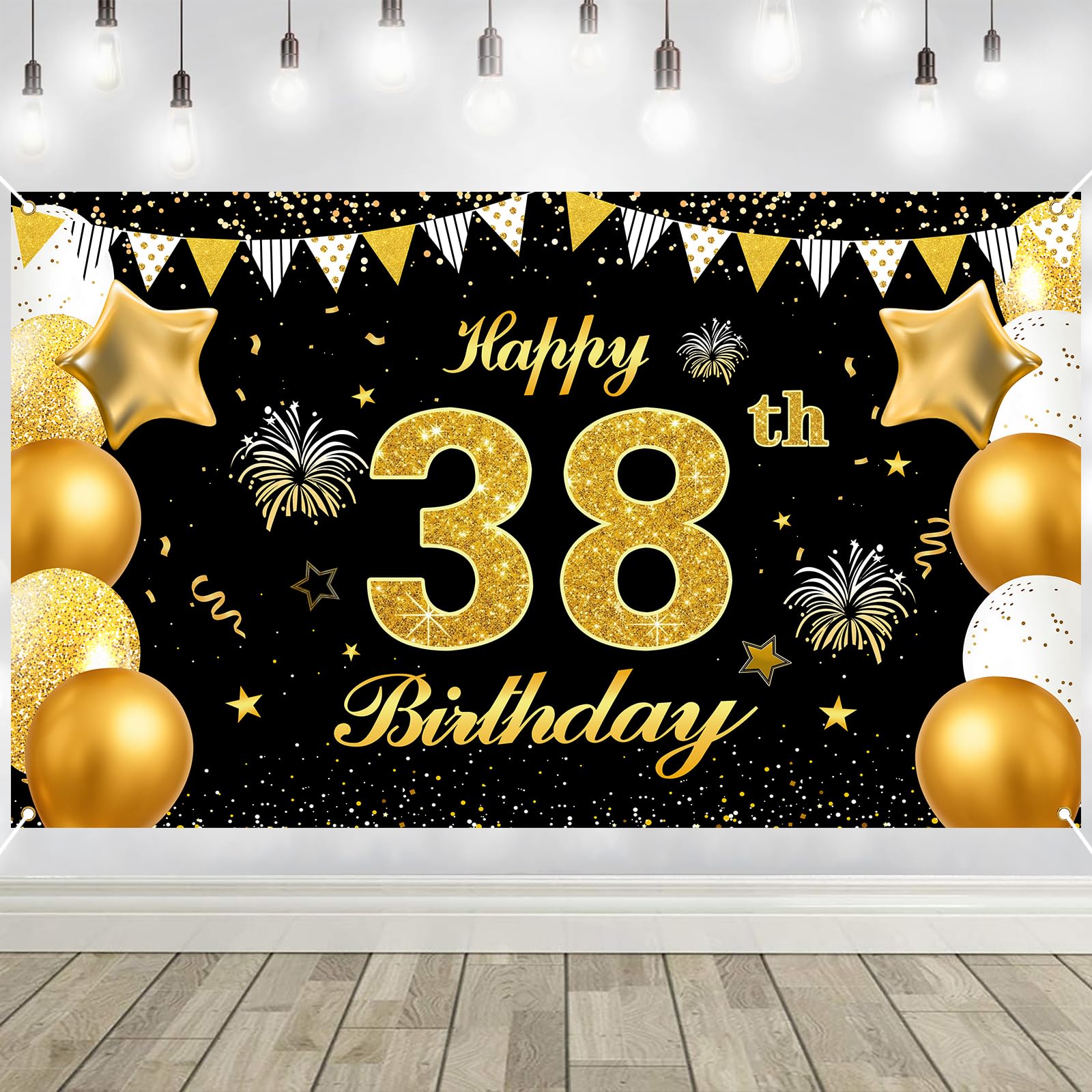 38th Birthday Decorations Banner Gold Black Happy Birthday Door Banner for Party Photo Backdrop for Men Women Home Outdoor Cover Party Decoration Supplies Poster