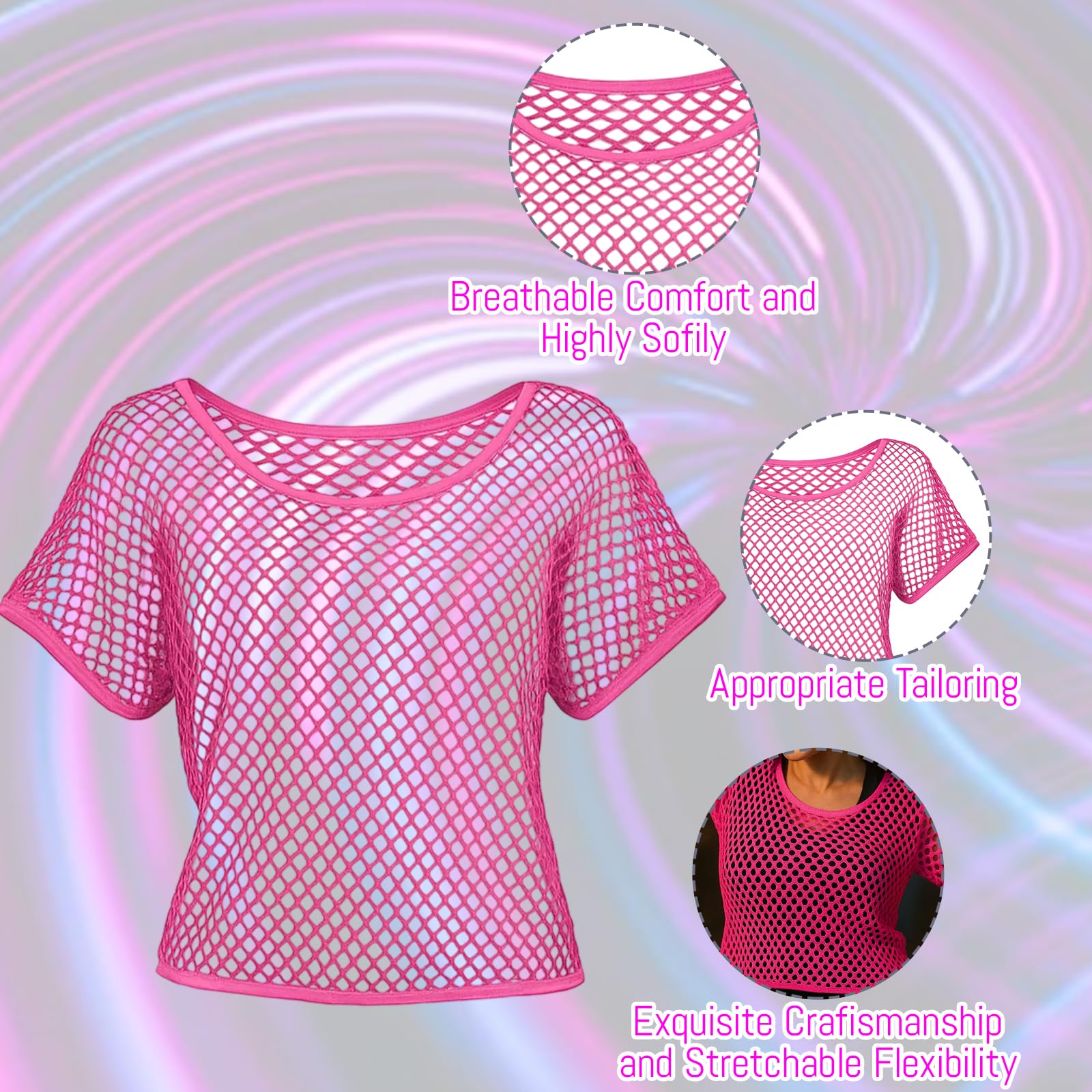 QhgPnt 2PCS 80s Neon Fishnet Top, 1980s Neon Fishnet Mesh T-Shirt - Image 3
