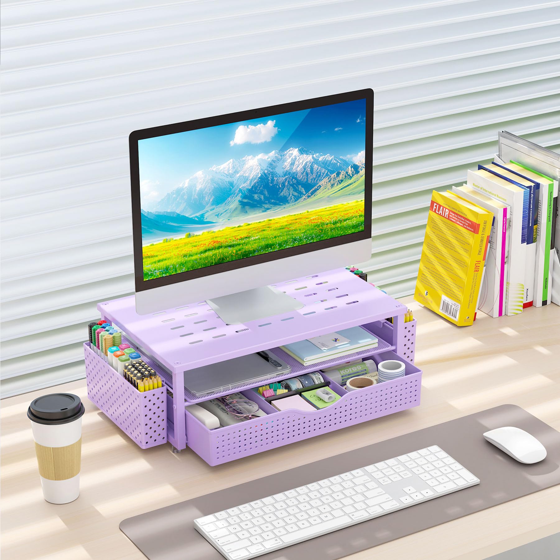 Gianotter Support de Moniteur avec Tiroir et Porte-stylos, Organisateur de Bureau Violet