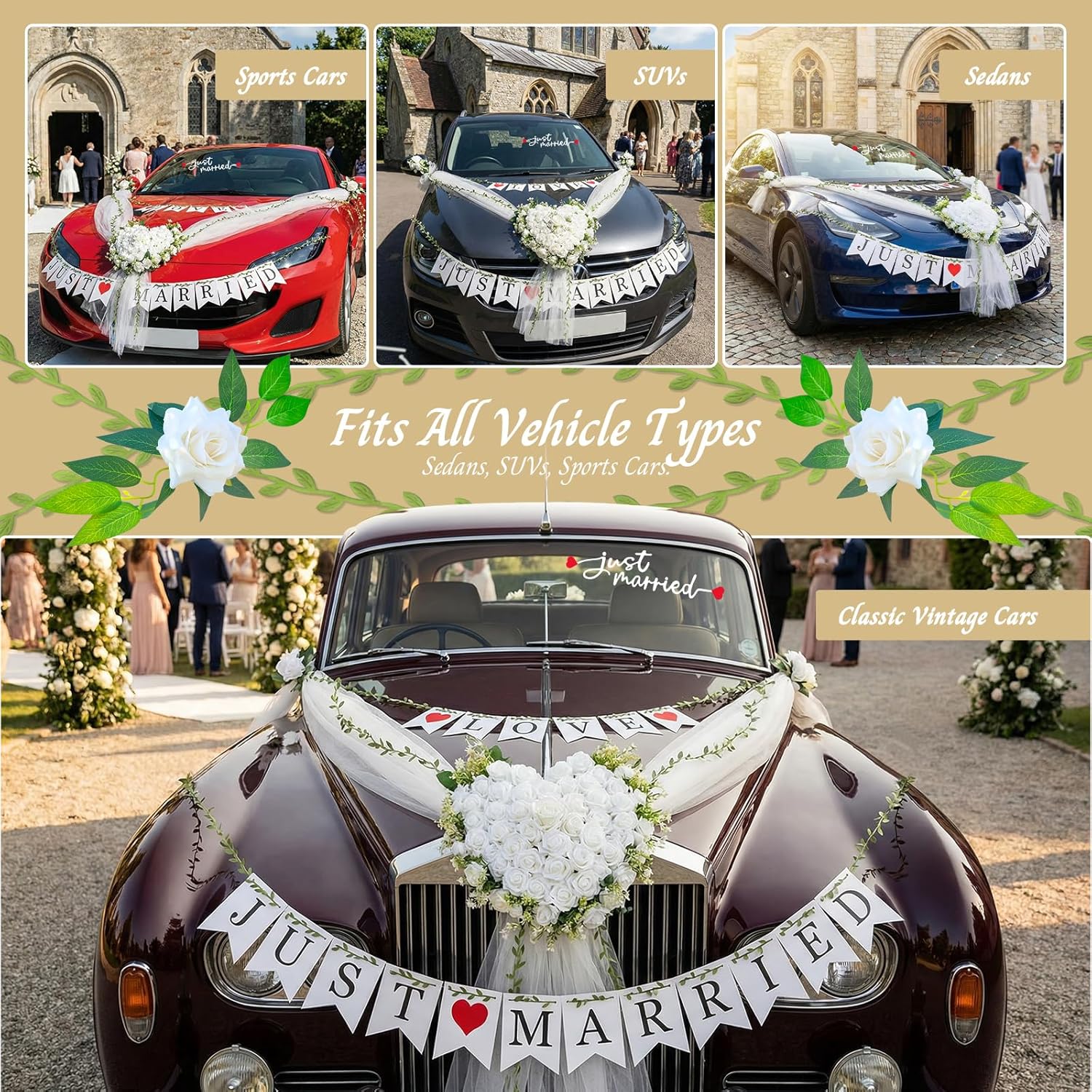 Just Married Car Decorations Set – White Wedding Car Ribbon & Flower Kit with Heart Bouquet, Rearview Mirror Flowers, Static-Cling Window Decal, Banners – Wedding Getaway Vehicle Decor
