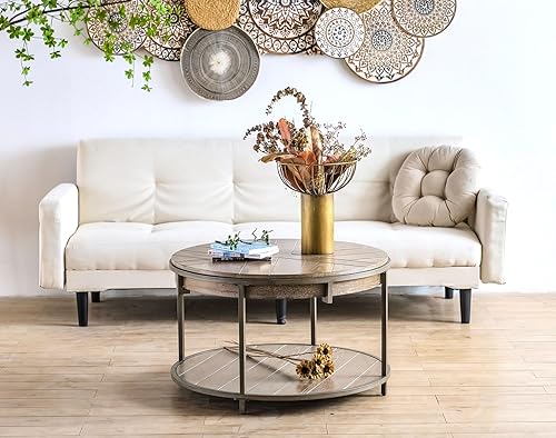 Miniatura 7 de Mesa auxiliar redonda para sala de estar, mesa de centro circular de 2 niveles con gran almacenamiento, moderna mesa de centro circular rústica con