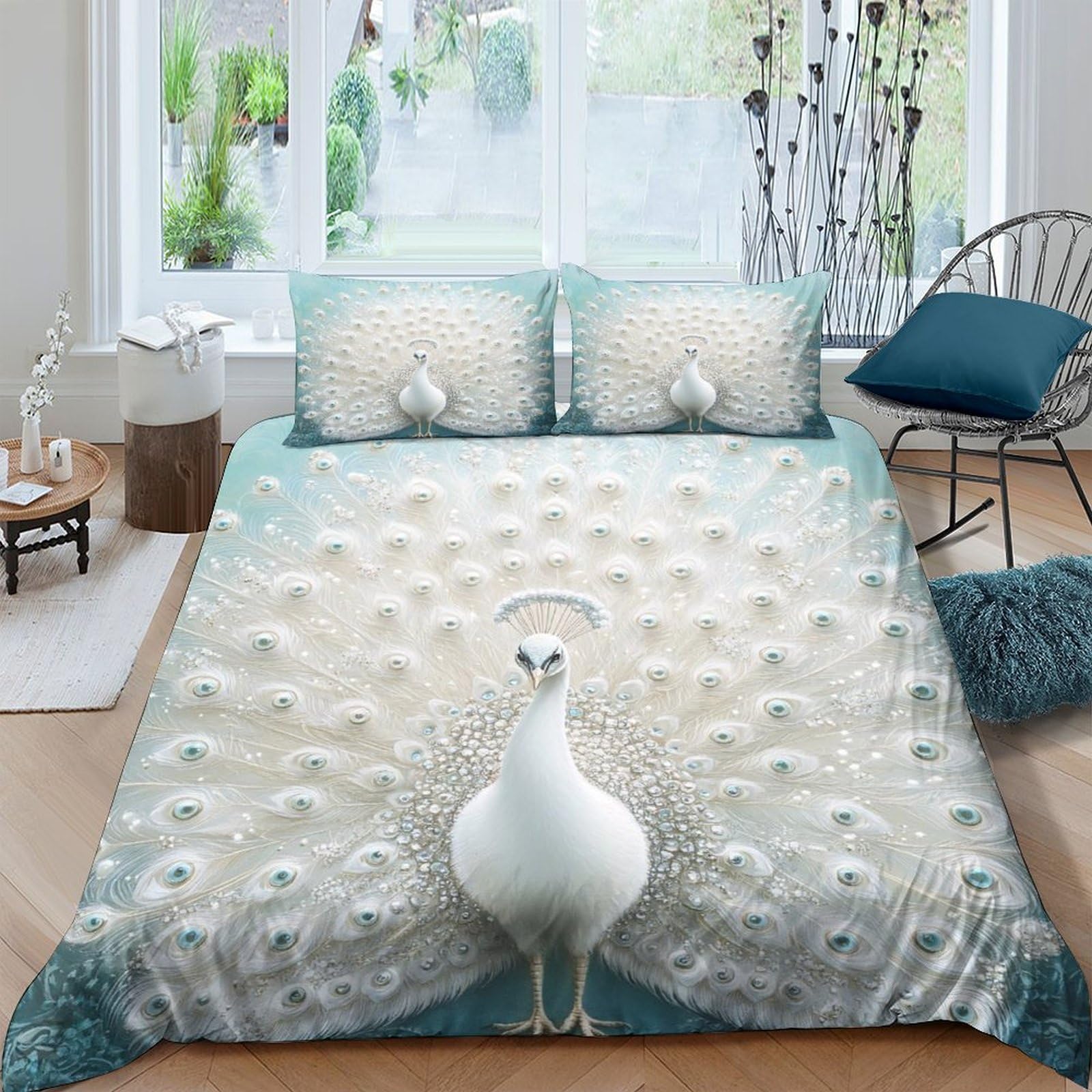 GPLZQXKJNH 3D Printed White Peacock Duvet Cover Microfiber Soft Breathable Elegant Feathers Bedding Set with 2 Pillowcases for Bedroom Decor Single（135x200cm）