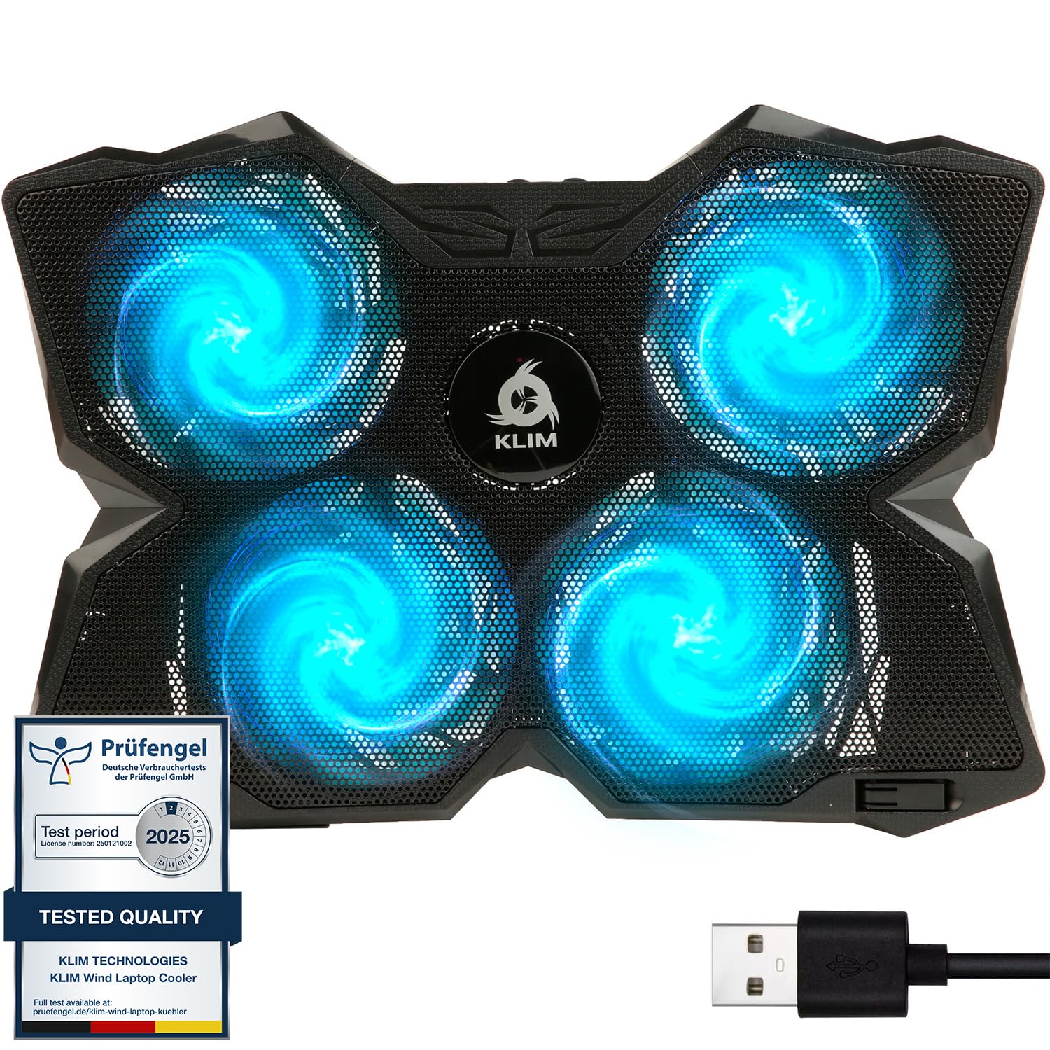 KLIM Wind Laptop Cooling Pad - More Than 500 000 Units Sold - New Version - The Most Powerful Rapid Action Cooling Fan - Laptop Stand with 4 Cooling Fans at 1200 RPM - USB Fan - PS5 PS4 - Cyan