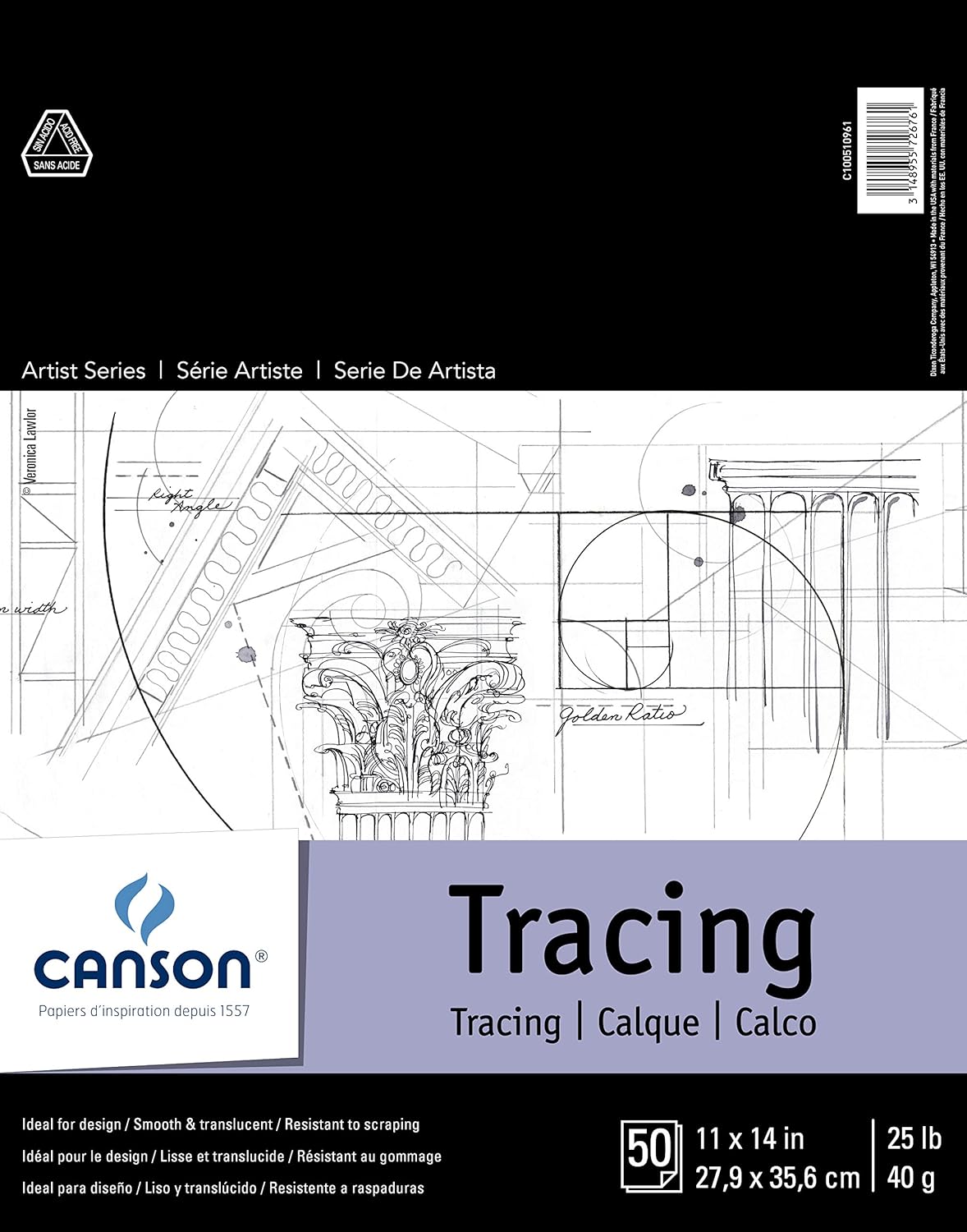 Canson Foundation Tracing Paper Pad for Ink, Pencil and Markers, Fold Over, 25 Pound, 11 x 14 Inch, 50 Sheets