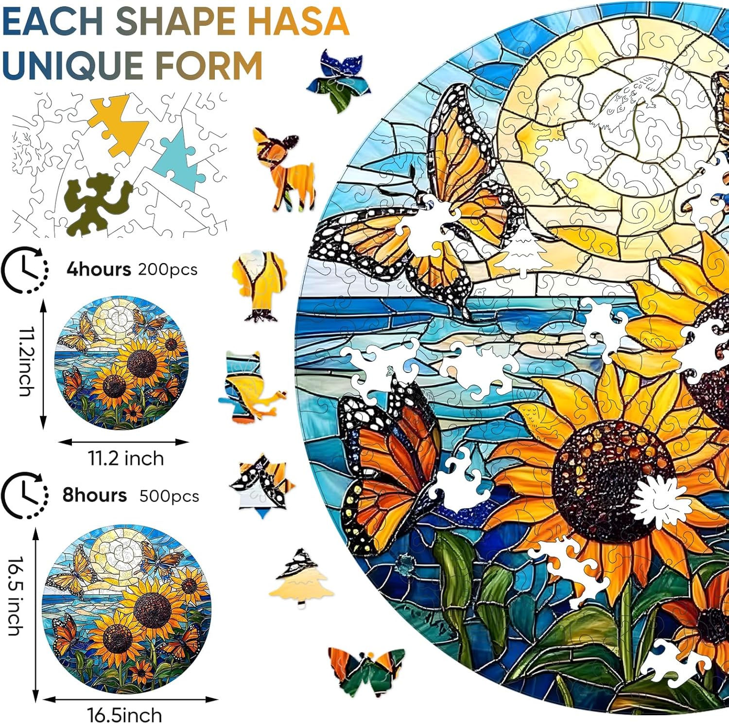 Qiuenisray Wooden Puzzles for Adults 500 Pieces, Sunflower Butterfly Jigsaw Puzzles FSC Certified Royal Unique Shape Adult, Wood Puzzles Creative Gift for Family Game 16.5x16.5 in