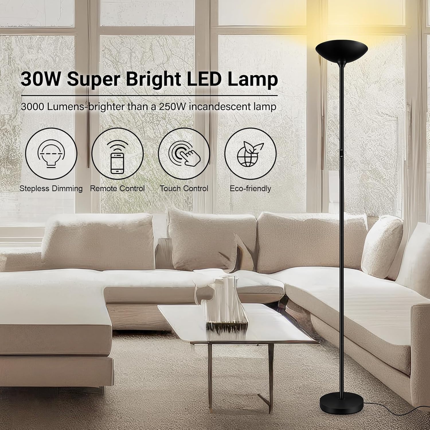 BoostArea Dimmable Floor Lamp,30W 3000LM Super Bright LED Torchiere Standing Lamp with Remote & Touch Control,71 in Tall Pole Sky Modern Floor Lamps for Living Room Bedroom Office,2700k-6500k,Black 3 81tFcdFJupL. AC SL1500