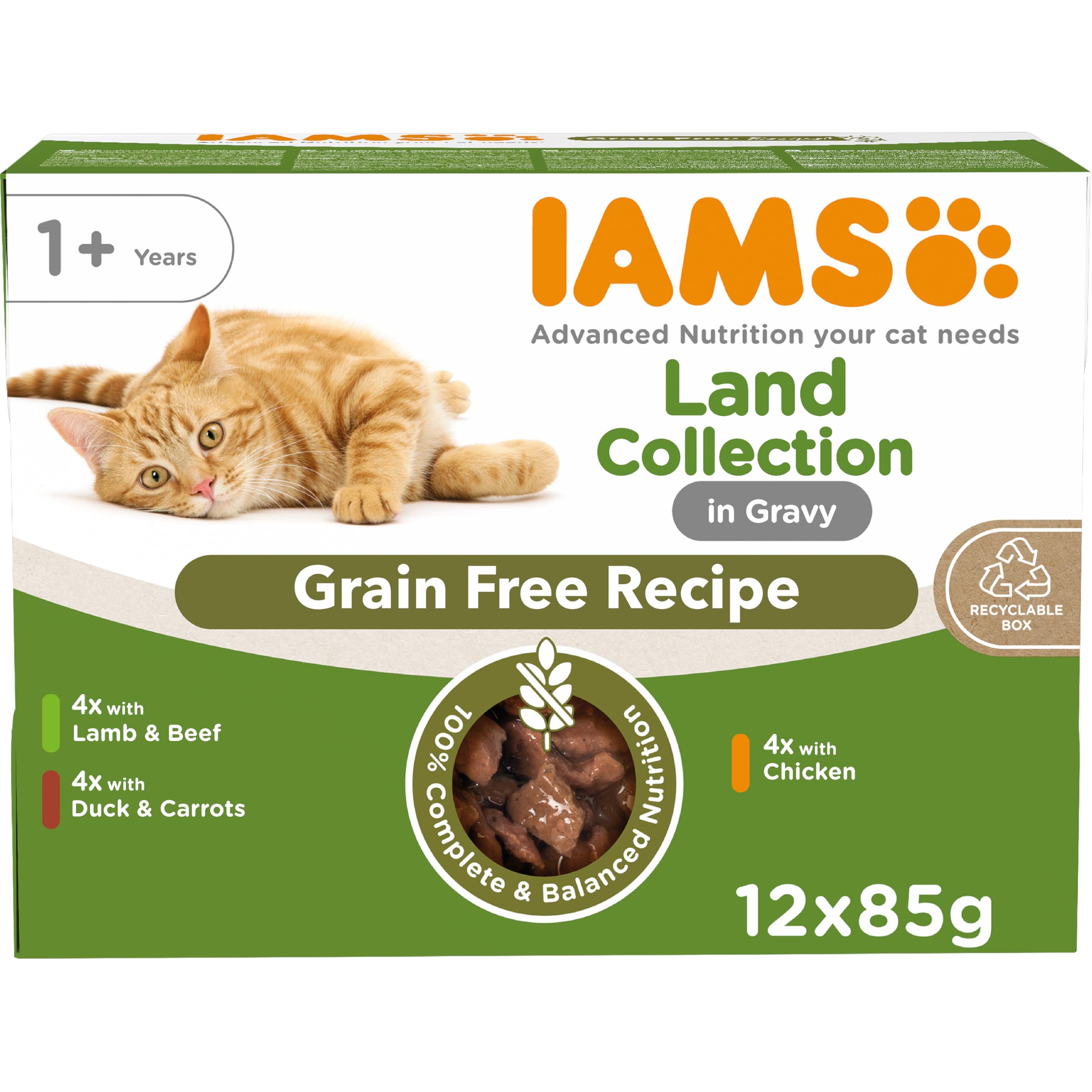IAMS Grain Free Adult Wet Cat Food Meat Variety Mix in Gravy 12 x 85g - No Added Sugar