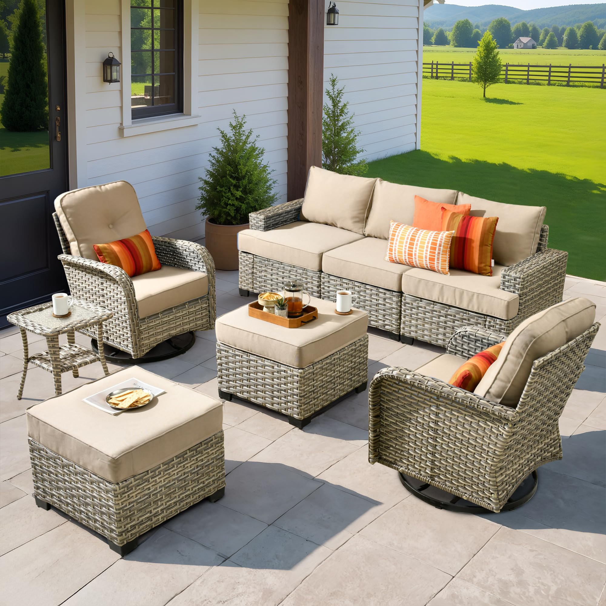 HOOOWOOO Outdoor Sectional Patio Furniture Set,8 Pieces Wicker Conversation Sets,Extra Deep Out Door Sofa Outside Furniture Couch with Swivel Chairs