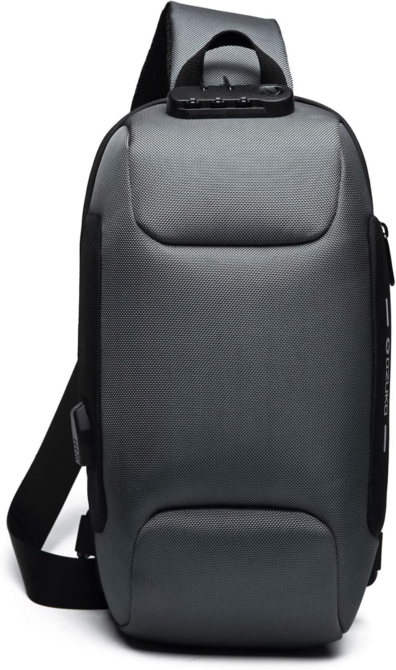 FANDARE Anti-theft Sling Bag New Men Crossbody Bag Women Chest Pack with USB Charging Port Reflective Stripe Shoulder Bag for Cycling Camping Riding Hiking Daypacks Waterproof Polyester Gray A