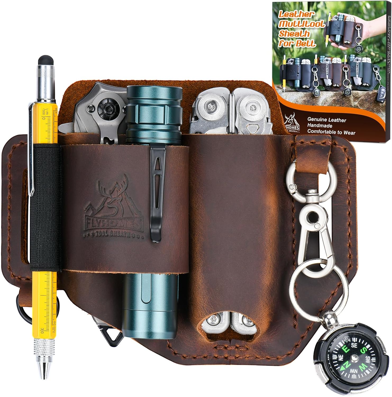 FLYHOMES Genuine Leather Multitool Sheath | Handmade Stitched EDC Belt Organizer for Leatherman Surge | Flashlight, Knife Holster, Pen & Tools Pouch | Dark Green (Large)