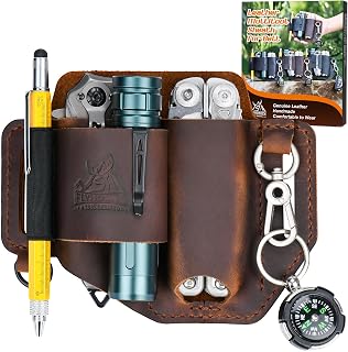 FLYHOMES Leather Multitool Sheath, Fits 4"&4.5" Multi Tool, EDC Belt Pouch | Handmade EDC Belt Organizer for Leatherman Surge/Wave, Flashlight, Knife, Pen, Keychain. Multi‑tool Holster for Daily Carry