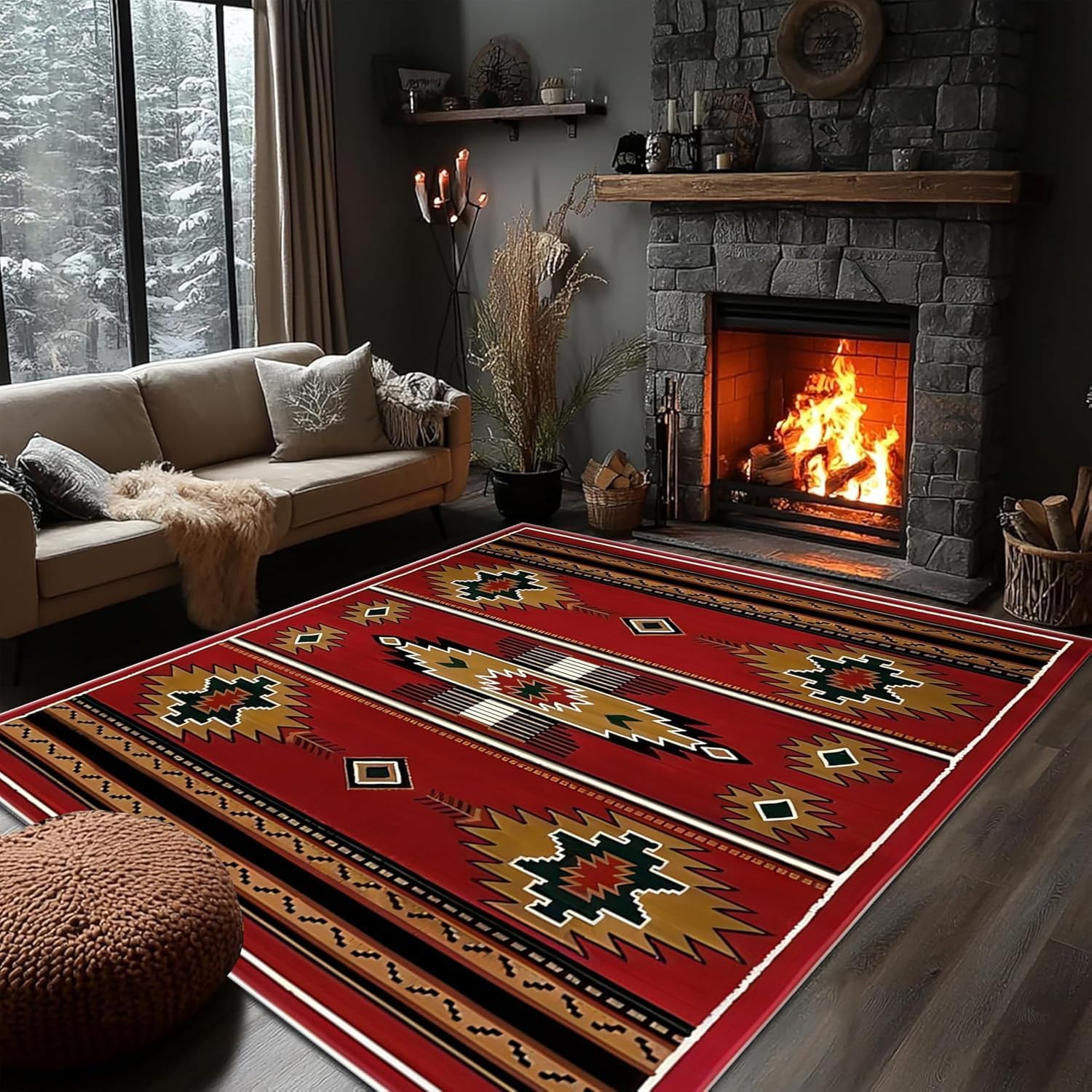 PDENZG Western Rugs for Living Room, 60x90cm,Native American Rug Machine Washable Area Rugs, Ultra Soft Vintage Red Moroccan Rug， for Dinning Room Bedroom Kitchen Indoor Western Home Decor Carpet