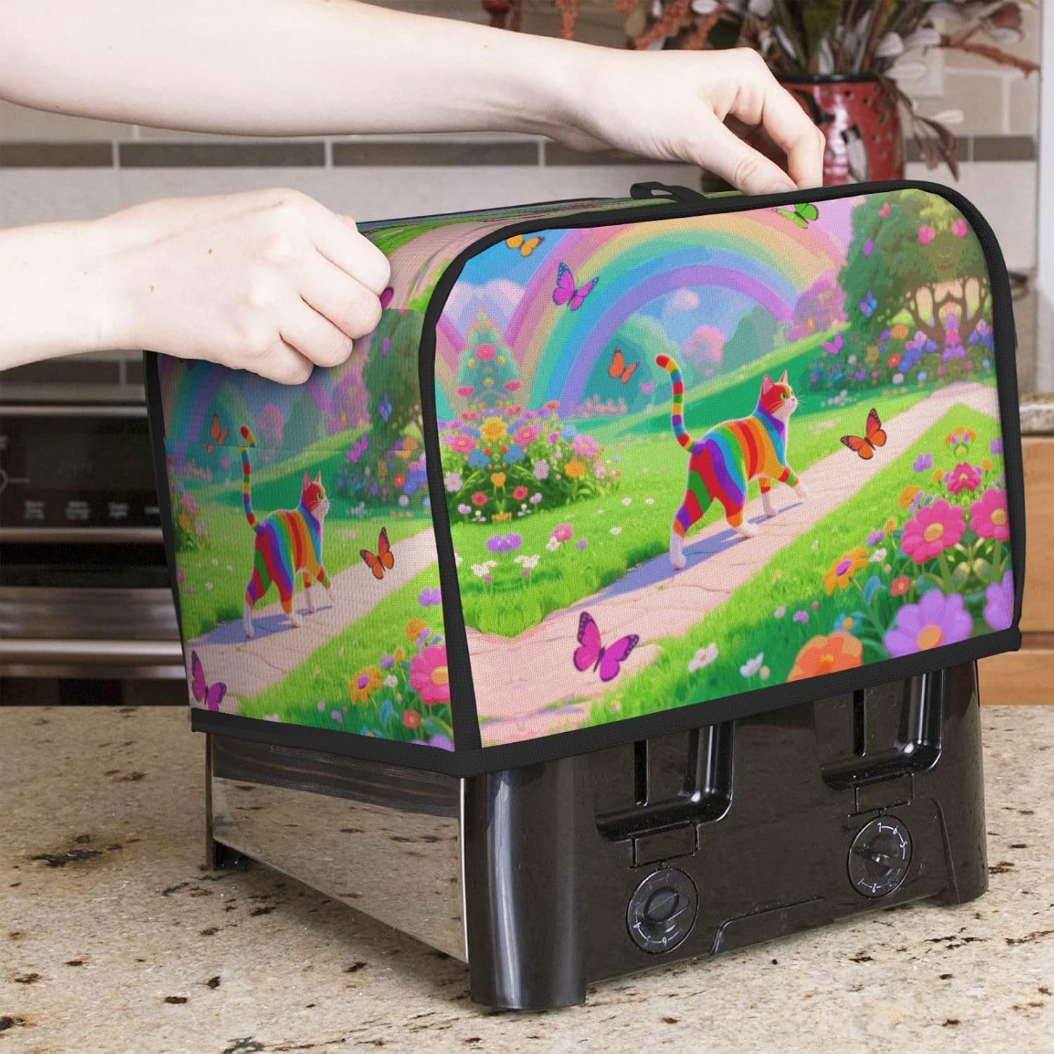 Colorful Cat Toaster Cover 2 Slice, Waterproof Bread Machine Covers with Pockets Universal Size Kitchen Small Appliance Cover with Handle, Dust and Fingerprint Protection