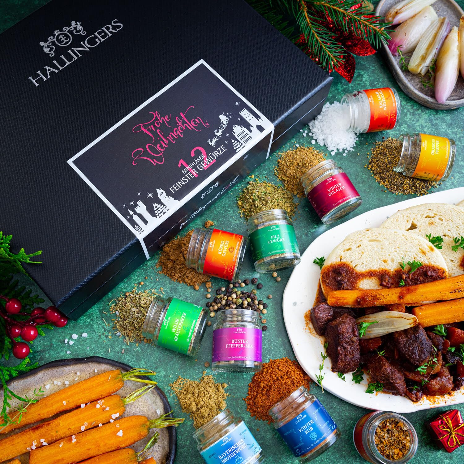 Hallingers Genuss Manufaktur Gewürz Weihnachts-Geschenk-Set - 12 Gewürze aus aller Welt in wertiger Geschenkbox mit Rezept-Booklet "Frohe Weihnachten", Weihnachten für Frauen Männer