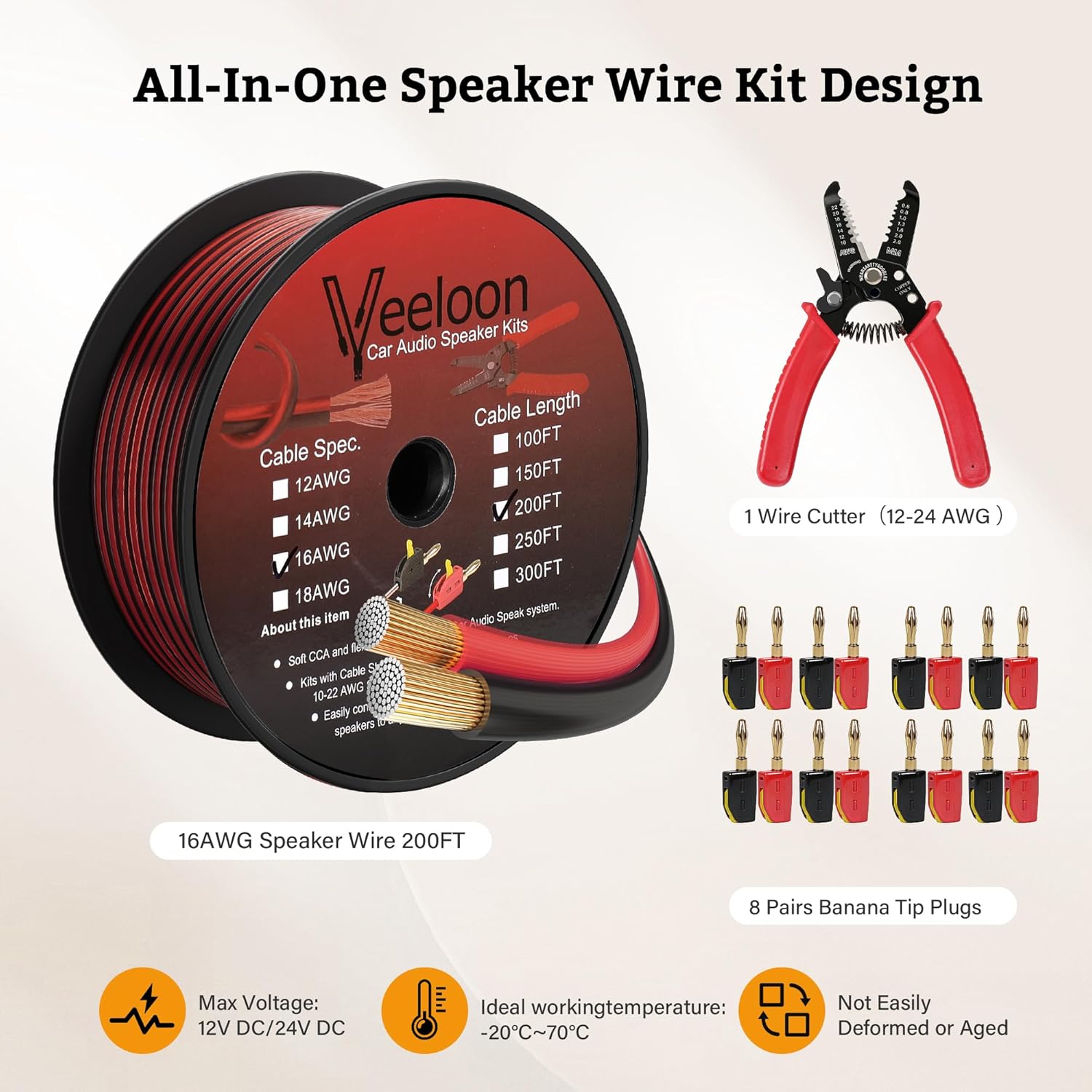 16AWG Speaker Wire 200 FT, 16/2 Gauge Audio Speaker Wire Kits with Cable Cutter Banana Plugs Tool, Polarity Marker, 2 Conductors Zipper Wire for Car Speakers Stereo, Home Theater, Surround Sound,CCA