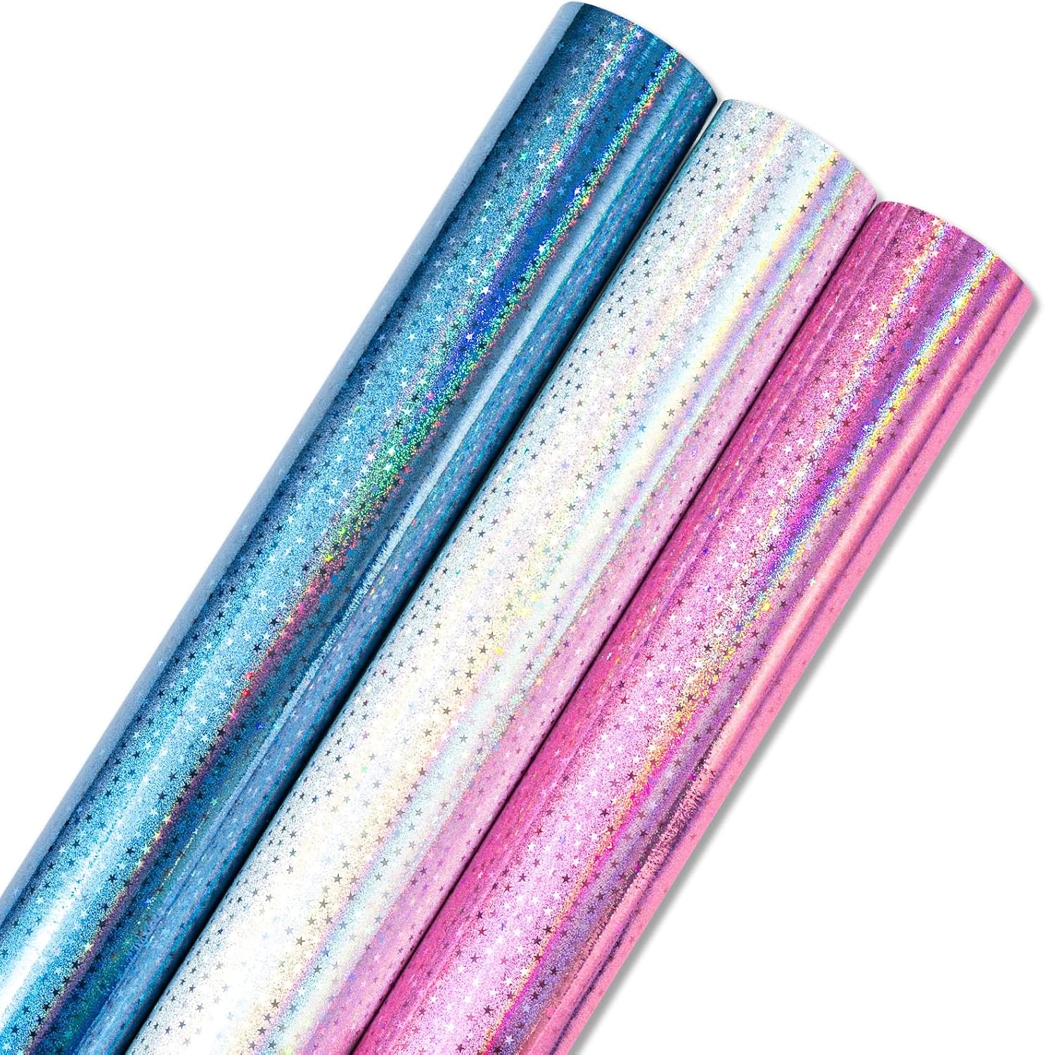 Burymento Mini Wrapping Paper Roll, Metallic Holographic Star Gift Wrap for Birthday, Valentines, Mothers day, Graduation, Wedding, Fathers day, Baby Shower, Christmas (17 Inch x 120 Inch – 3 Rolls)