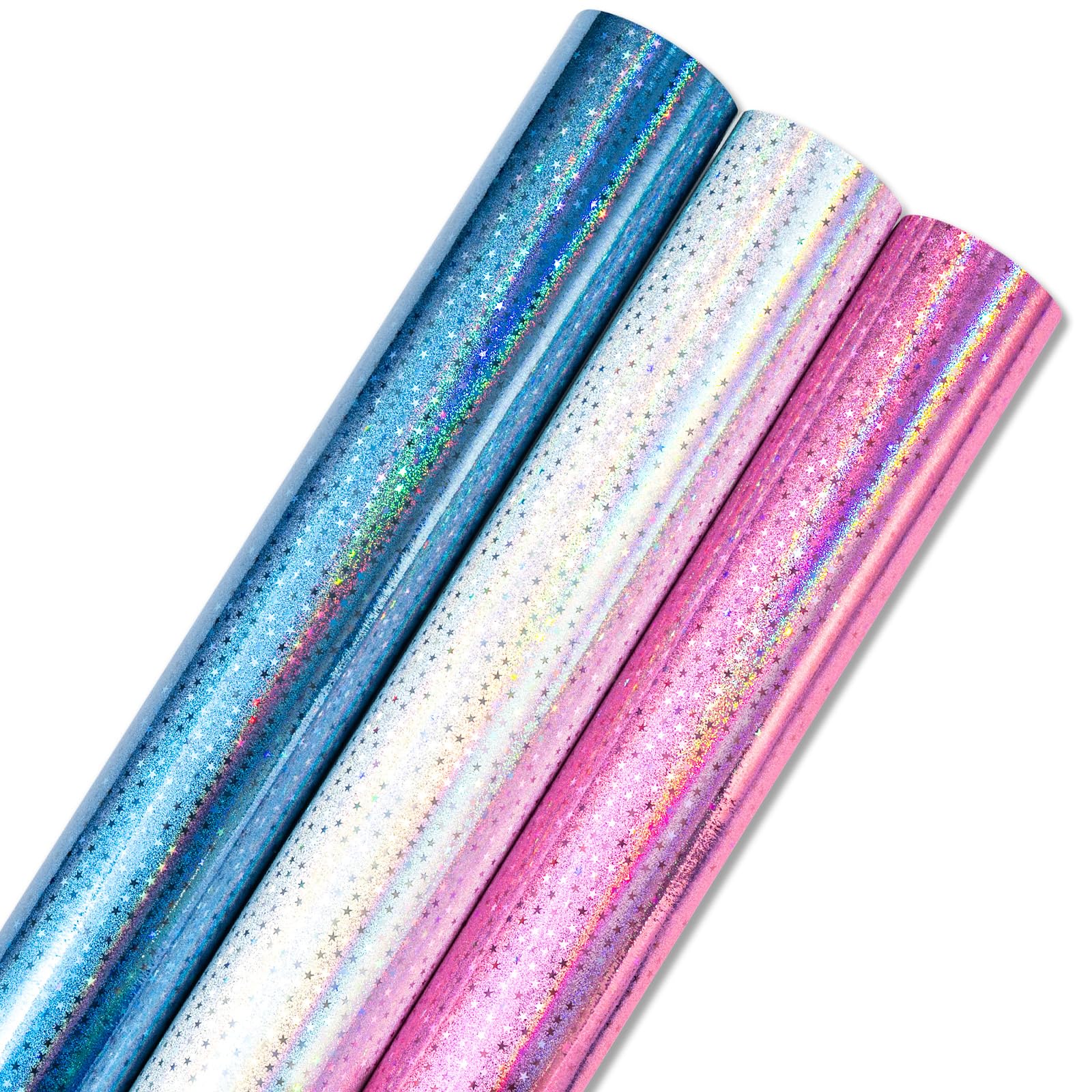 Burymento Mini Wrapping Paper Roll, Metallic Holographic Star Gift Wrap for Birthday, Valentines, Mothers day, Graduation, Wedding, Fathers day, Baby Shower, Christmas (17 Inch x 120 Inch - 3 Rolls)